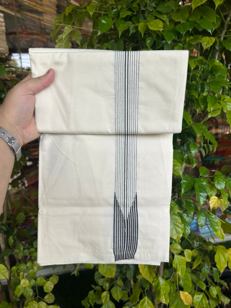 20% Discount ! KaithariKada Balaramapuram 100%  Cotton Single Off White - (Unbleached) Mundu/Dhoti-100X100- 1.5 Inch 12 Line Puliyilakkara Black Chutty Kara (2 meter / 4 muzham)- 9 KK5303 ASH