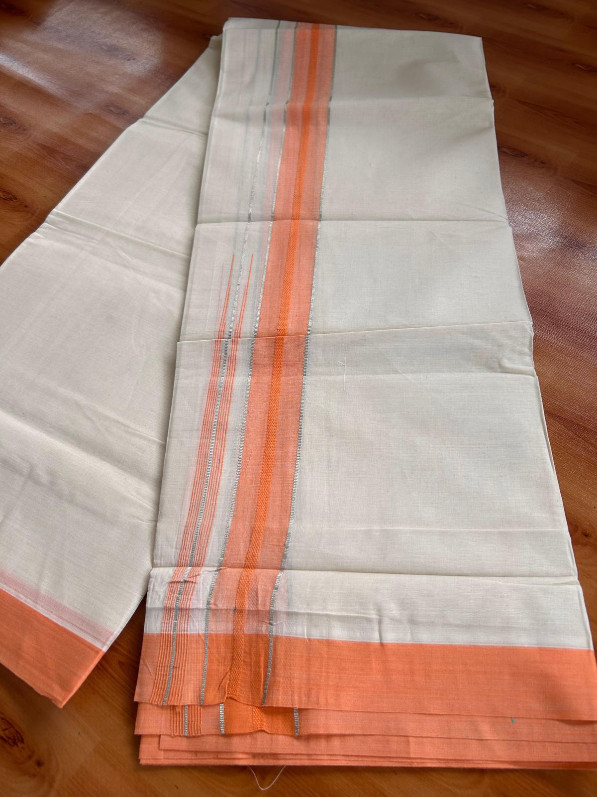 Double Off White (Unbleached) Mundu/Dhoti - 20% Discount! KaithariKada 100% Cotton - 80X90 - 1.5 inch Orange Peach Silver Kasav Chutty Kara 4 mtr (8.5 Muzham) - 18 KK5520 PMC