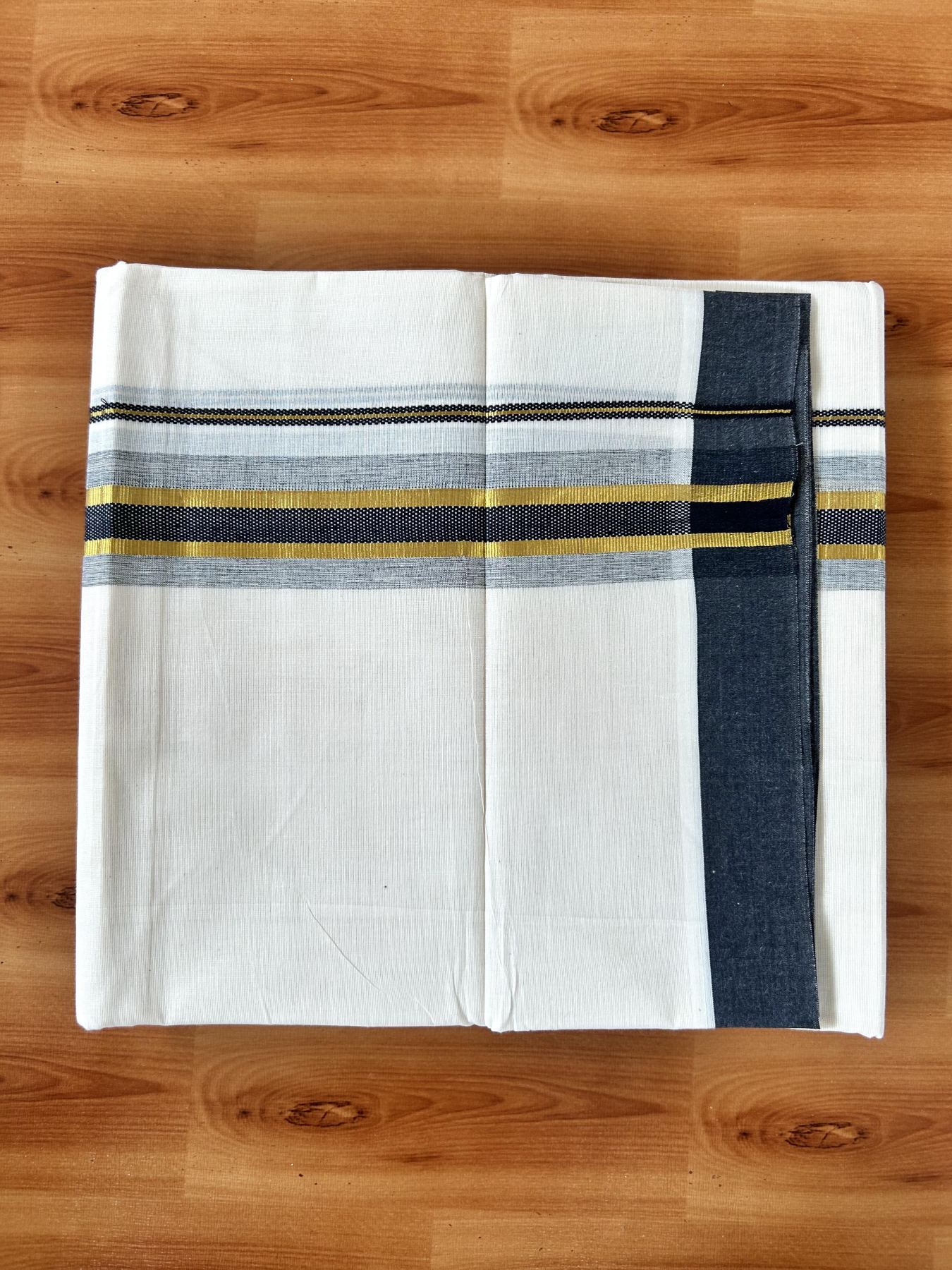 Double Off White (Unbleached) Mundu/Dothi- 20% Discount! Kaitharikada 100% Pure Cotton - 100x80 - 1.5 inch Gold Kasav & Black Shaded Design Kara 4 mtr (8.5 muzham) - 67 KK5452 THI