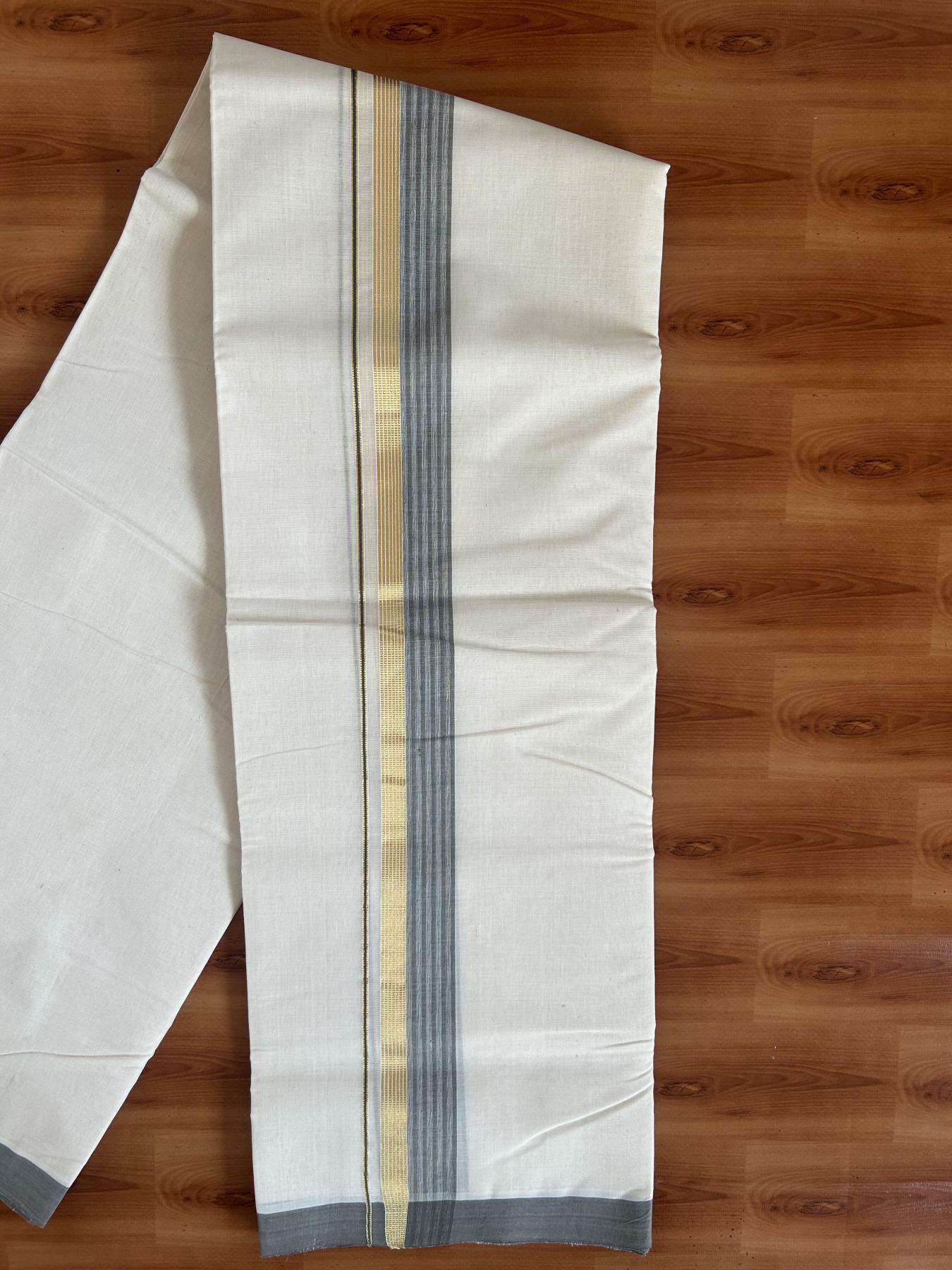25% Discount! KaithariKada Handloom Millpaav - Kerala Handloom Cotton Double Mundu/Dhoti Off white (Unbleached) - 80x90 - 1.75 inch Gold Kasav & Grey shaded Stripes Kara 3.60 meter (8 Muzham) - 2 KK5383 RAM