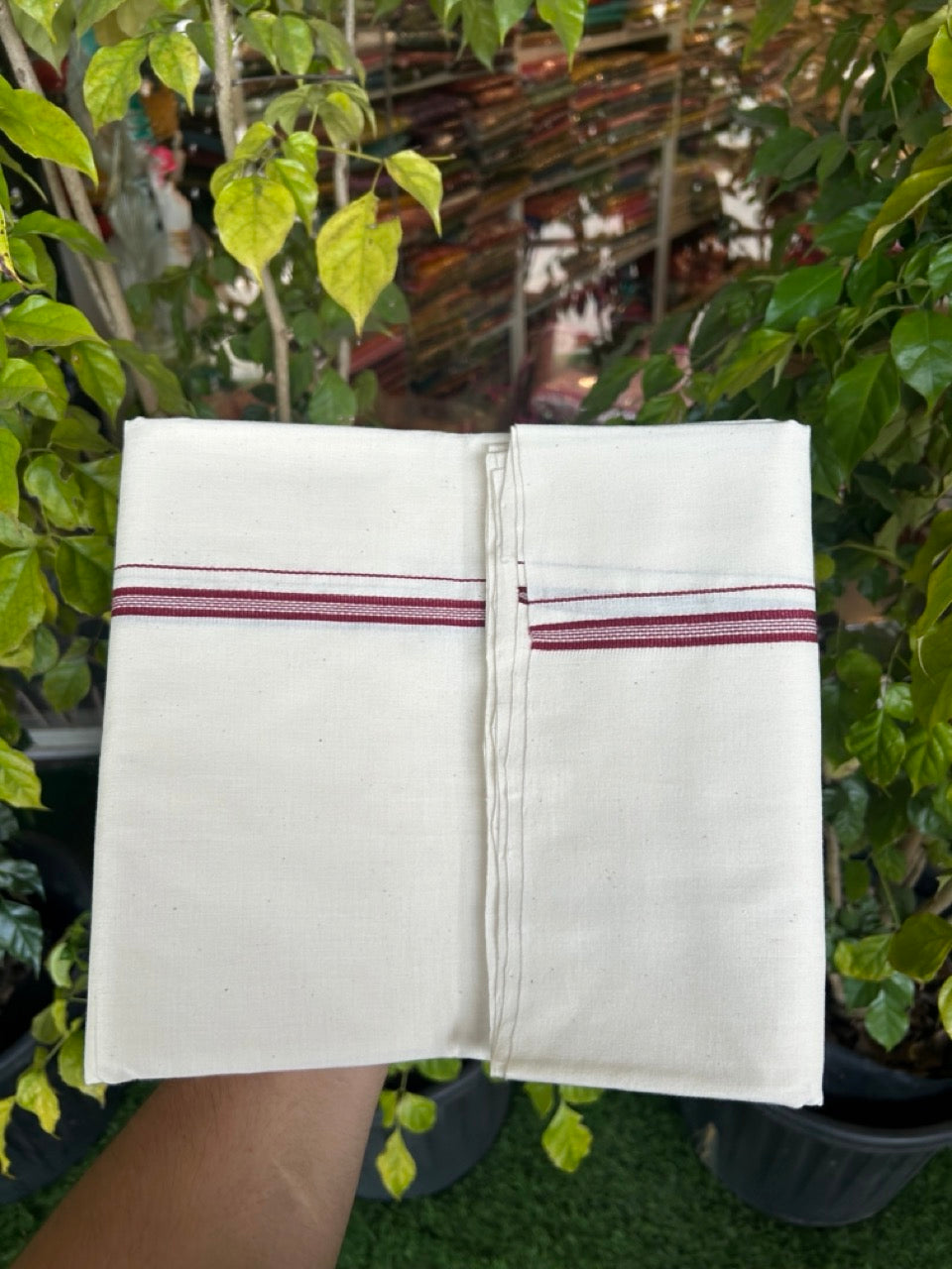 25% Discount!! Signature Kaitharikada Exclusive Single Dhoti - 100% Cotton Balaramapuram Handloom Single Mundu/Dhoti - Off White (Unbleached)- 1 cm Maroon Striped Kara (2 meter / 4 muzham) - 6 KK5304KAI