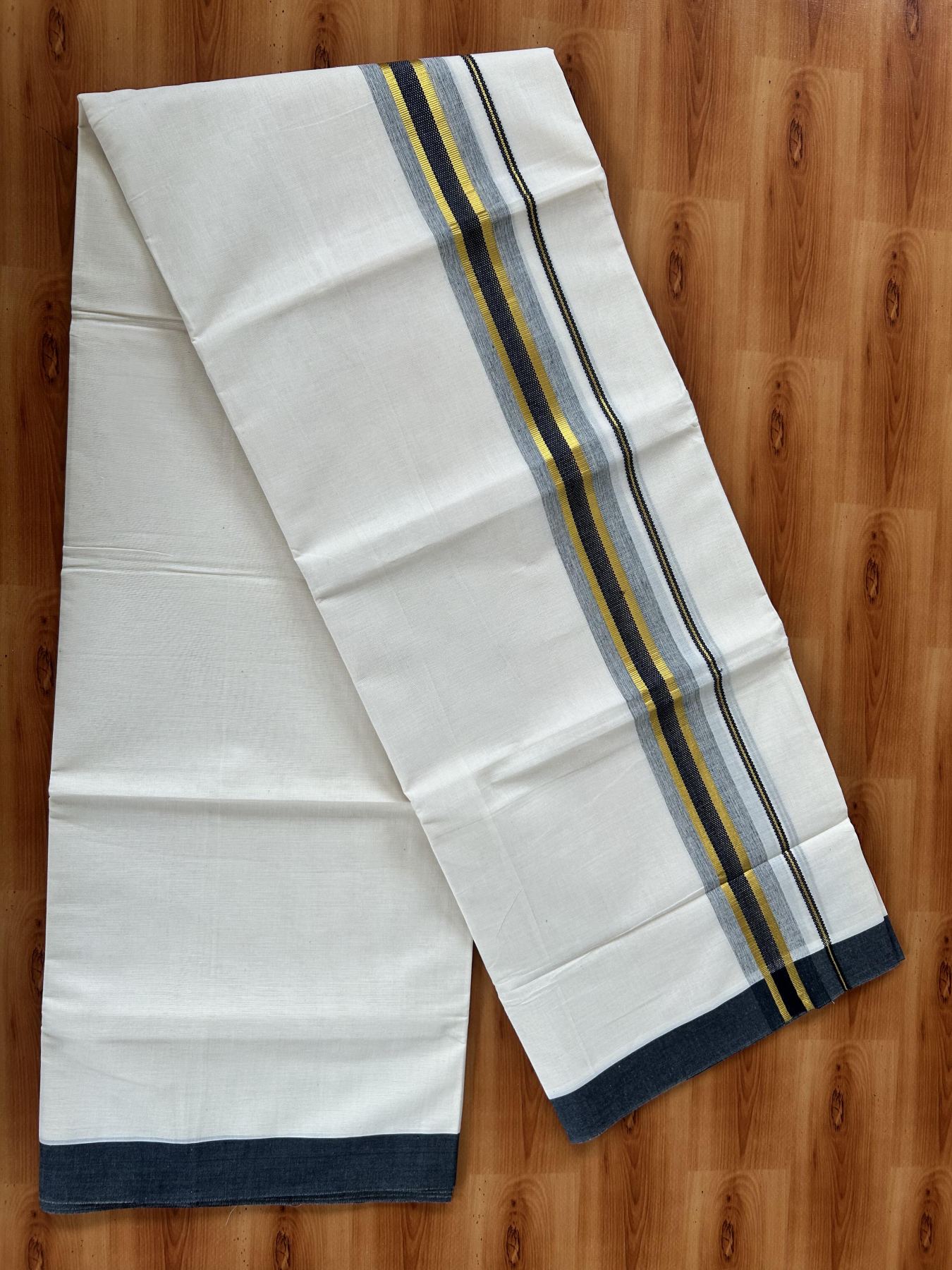 Double Off White (Unbleached) Mundu/Dothi- 20% Discount! Kaitharikada 100% Pure Cotton - 100x80 - 1.5 inch Gold Kasav & Black Shaded Design Kara 4 mtr (8.5 muzham) - 67 KK5452 THI
