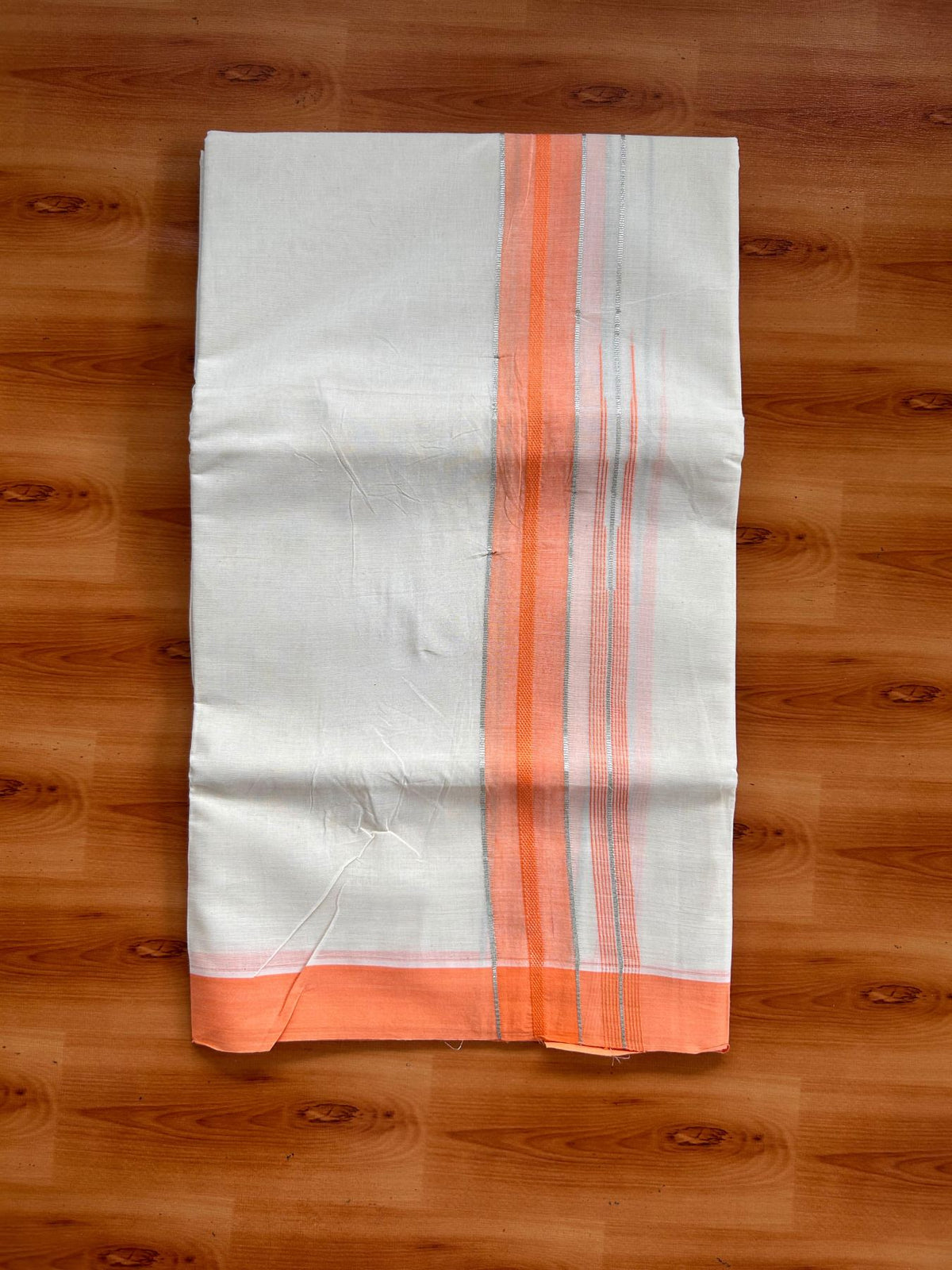Double Off White (Unbleached) Mundu/Dhoti - 20% Discount! KaithariKada 100% Cotton - 80X90 - 1.5 inch Orange Peach Silver Kasav Chutty Kara 4 mtr (8.5 Muzham) - 18 KK5520 PMC