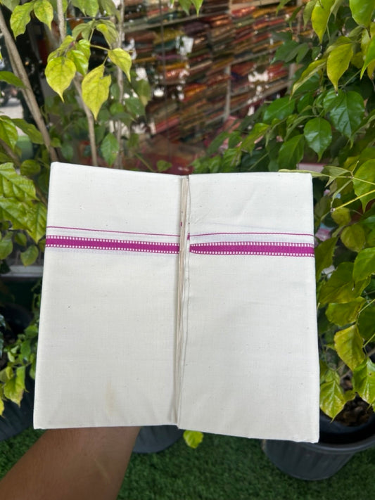 25% Discount!! Signature Kaitharikada Exclusive Single Dhoti - 100% Cotton Balaramapuram Handloom Single Mundu/Dhoti - Off White (Unbleached)- 1 cm Magenta Striped Kara (2 meter / 4 muzham) - 9 KK5304KAI