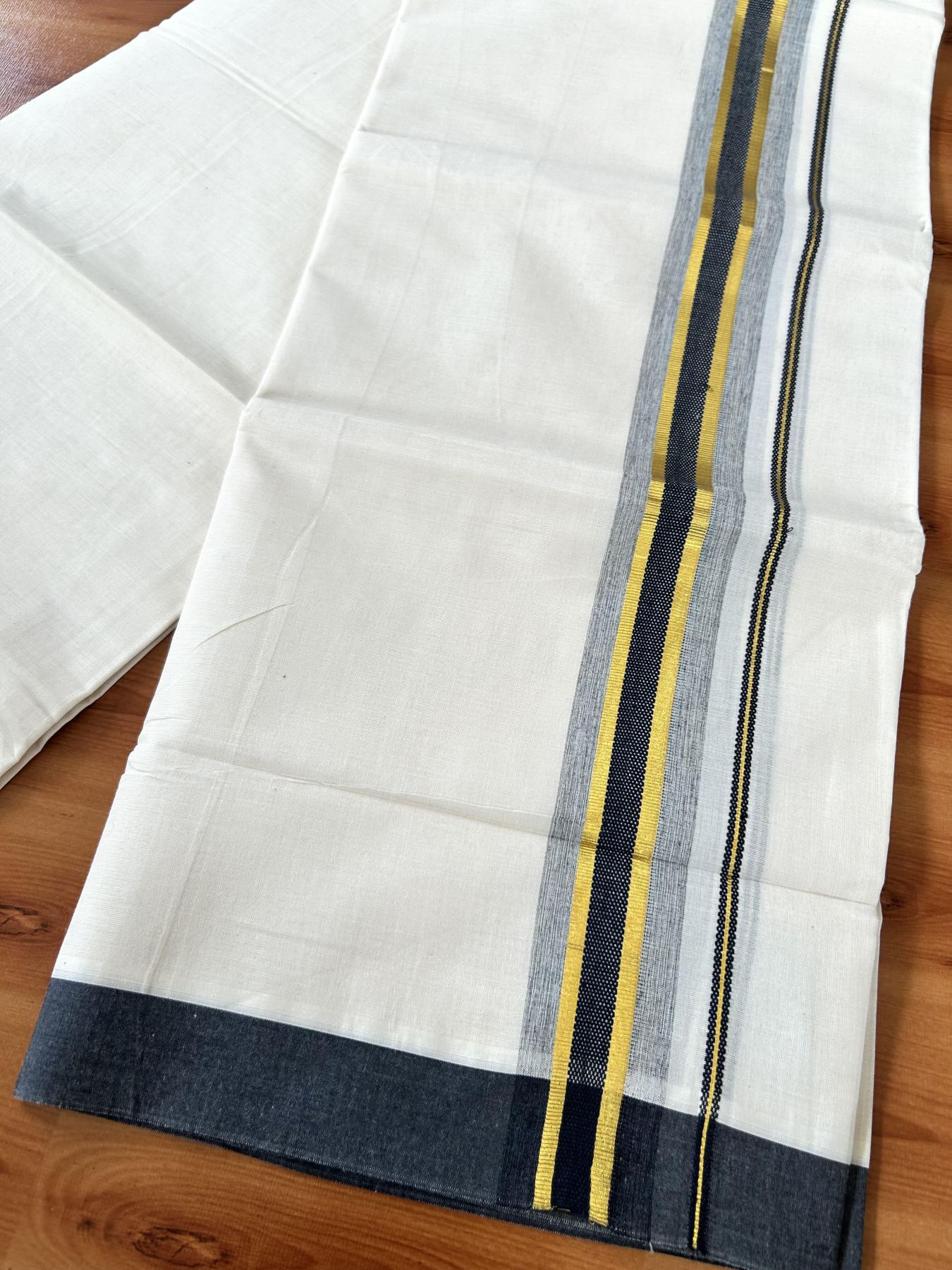 Double Off White (Unbleached) Mundu/Dothi- 20% Discount! Kaitharikada 100% Pure Cotton - 100x80 - 1.5 inch Gold Kasav & Black Shaded Design Kara 4 mtr (8.5 muzham) - 67 KK5452 THI