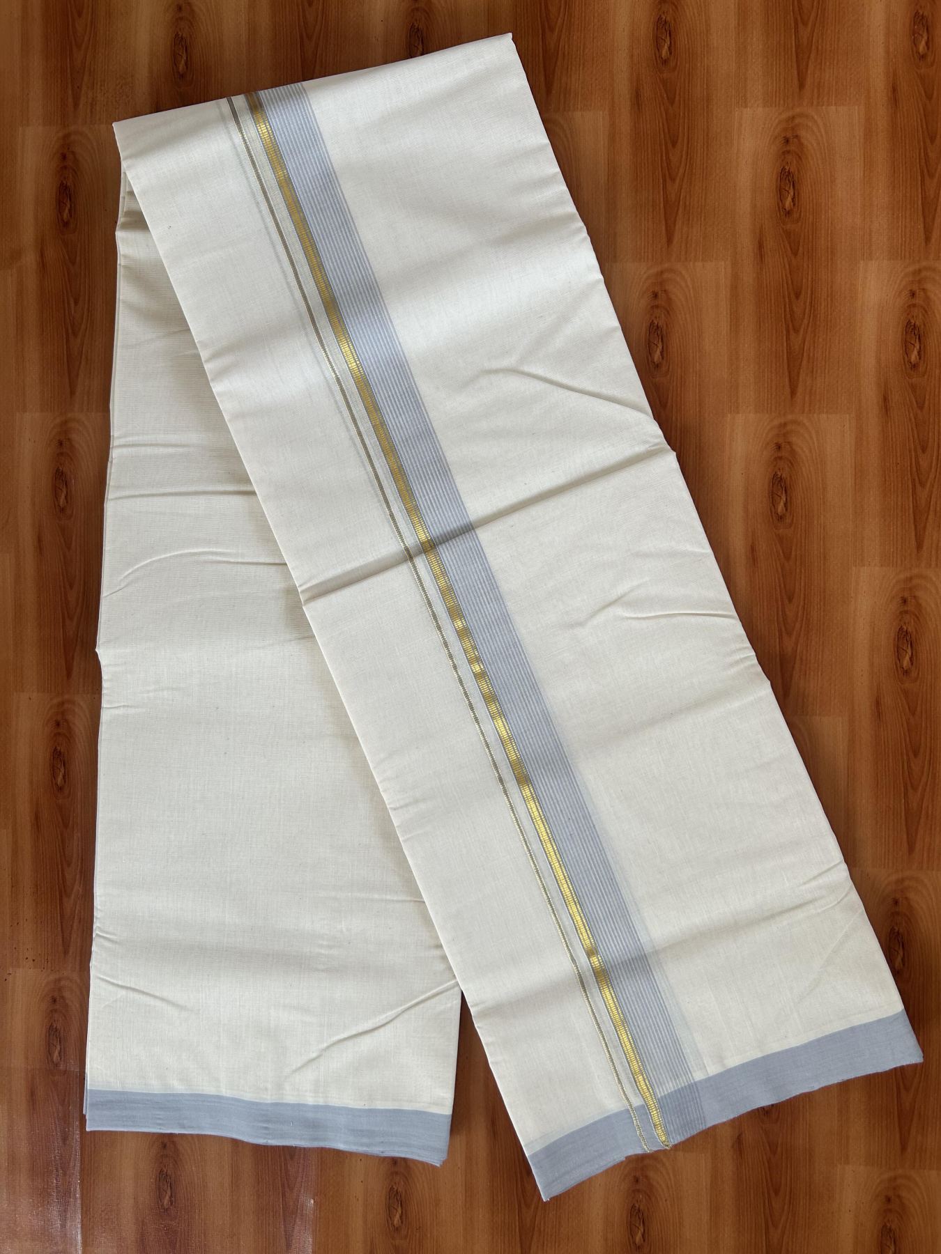 25% Discount! KaithariKada Handloom Millpaav - Kerala Handloom Cotton Double Mundu/Dhoti Off white (Unbleached) - 80x90 - 1.5 inch Gold Kasav & Lavender Grey shaded Stripes Kara 3.60 meter (8 Muzham) - 7 KK5383 RAM