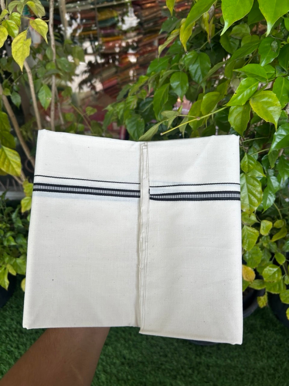 25% Discount!! Signature Kaitharikada Exclusive Single Dhoti - 100% Cotton Balaramapuram Handloom Single Mundu/Dhoti - Off White (Unbleached)- 1 cm Black Striped Kara (2 meter / 4 muzham) - 10 KK5304KAI