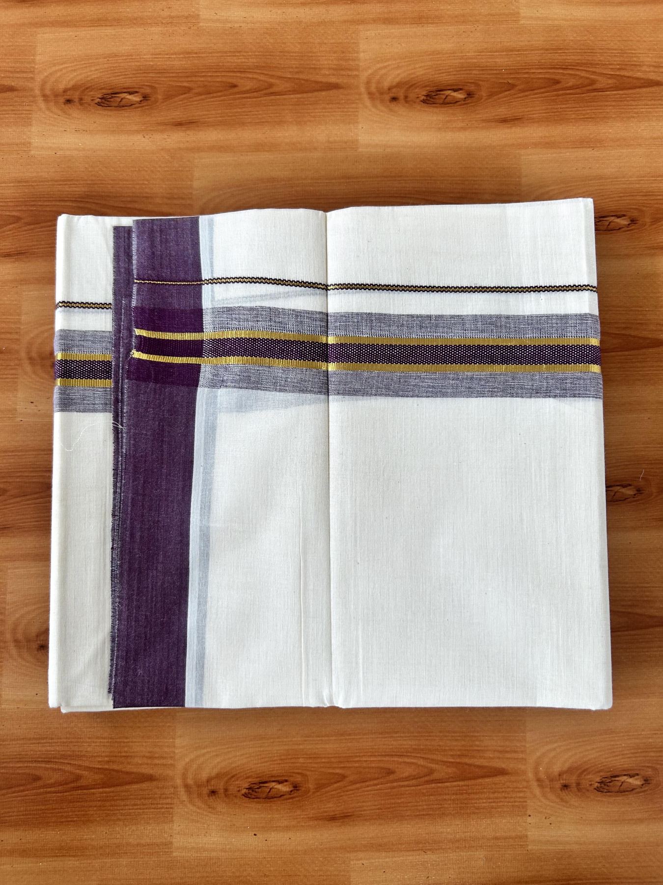 Double Off White (Unbleached) Mundu/Dothi- 20% Discount! Kaitharikada 100% Pure Cotton - 100x80 - 1.5 inch Gold Kasav & Purple Shaded Design Kara 4 mtr (8.5 muzham) - 66 KK5452 THI
