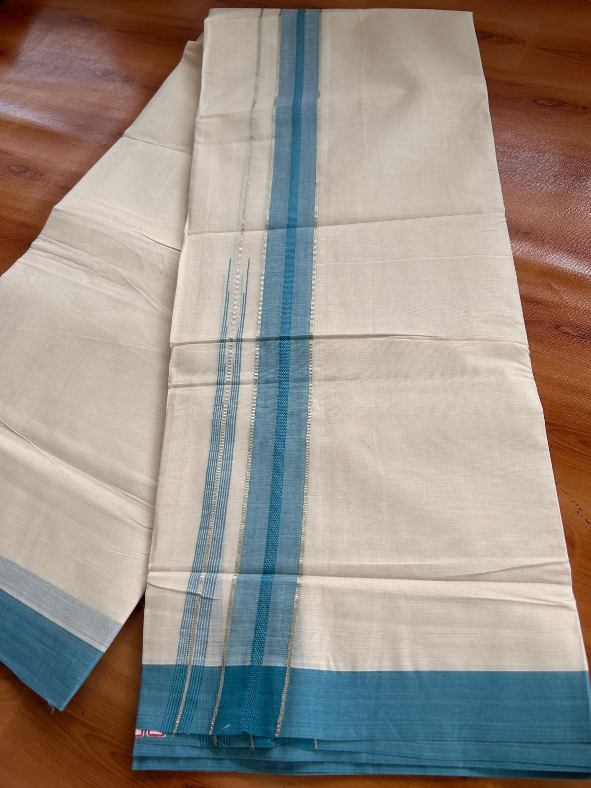 Double Off White (Unbleached) Mundu/Dhoti - 20% Discount! KaithariKada 100% Cotton - 80X90 - 1.5 inch Light Blue Silver Kasav Chutty Kara 4 mtr (8.5 Muzham) - 19 KK5520 PMC