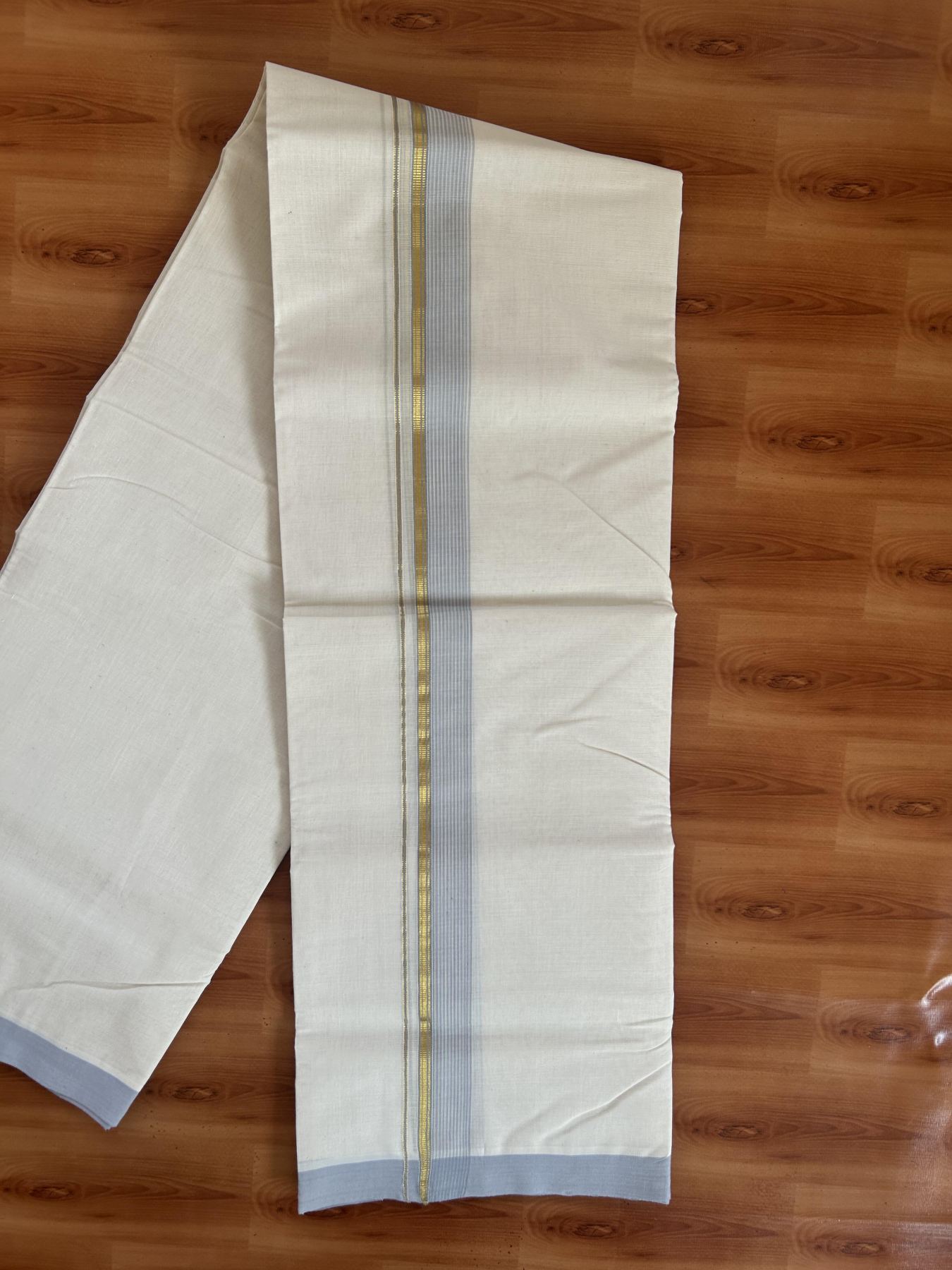 25% Discount! KaithariKada Handloom Millpaav - Kerala Handloom Cotton Double Mundu/Dhoti Off white (Unbleached) - 80x90 - 1.5 inch Gold Kasav & Lavender Grey shaded Stripes Kara 3.60 meter (8 Muzham) - 7 KK5383 RAM