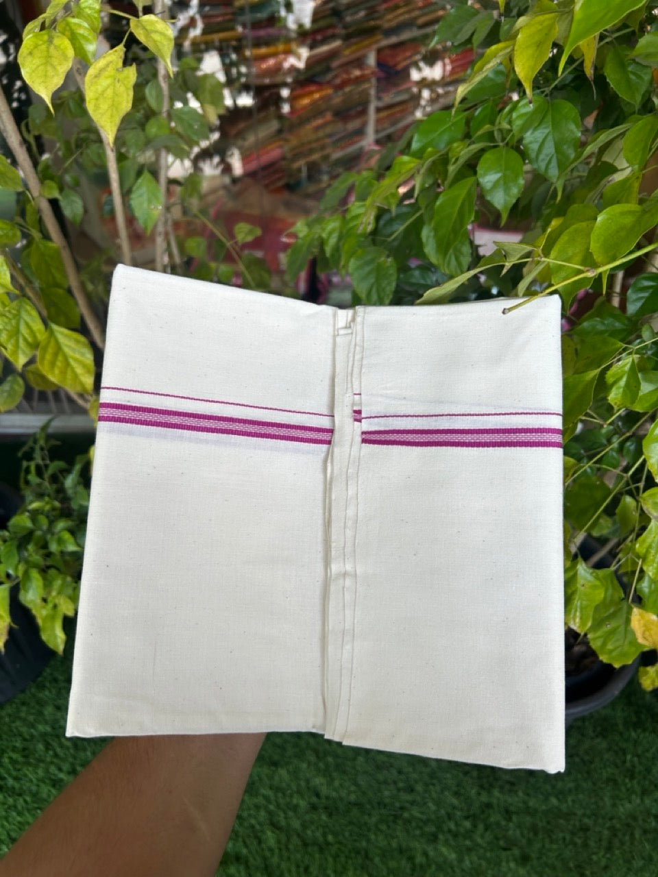 25% Discount!! Signature Kaitharikada Exclusive Single Dhoti - 100% Cotton Balaramapuram Handloom Single Mundu/Dhoti - Off White (Unbleached)- 1 cm Magenta Striped Kara (2 meter / 4 muzham) - 8 KK5304KAI