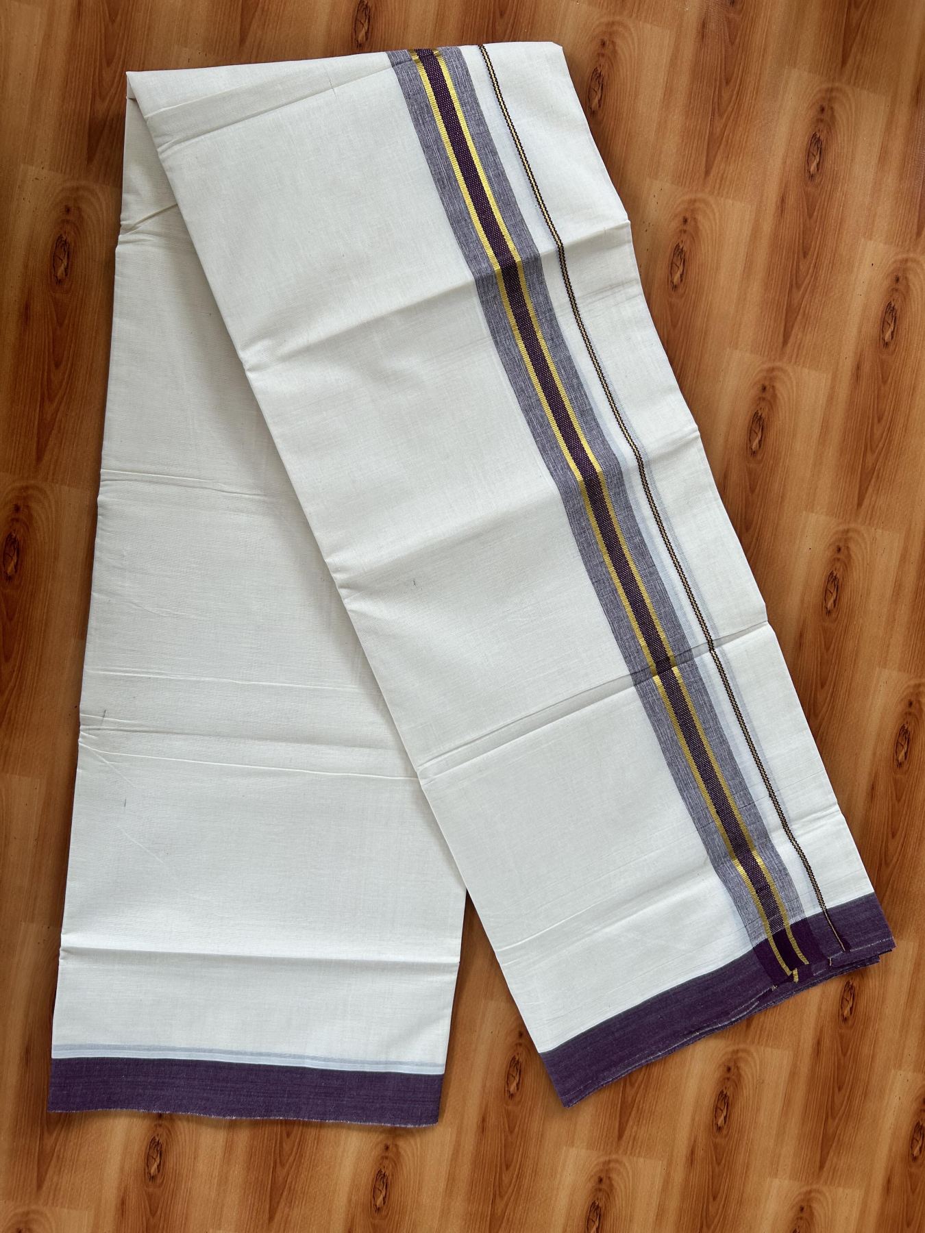 Double Off White (Unbleached) Mundu/Dothi- 20% Discount! Kaitharikada 100% Pure Cotton - 100x80 - 1.5 inch Gold Kasav & Purple Shaded Design Kara 4 mtr (8.5 muzham) - 66 KK5452 THI
