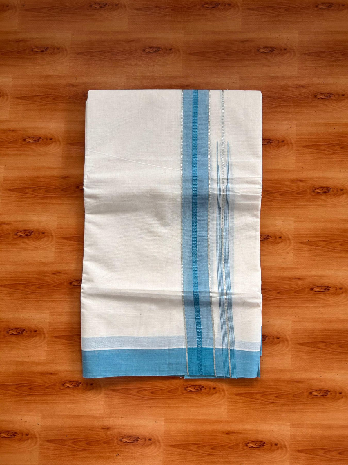 Double Off White (Unbleached) Mundu/Dhoti - 20% Discount! KaithariKada 100% Cotton - 80X90 - 1.5 inch Light Blue Silver Kasav Chutty Kara 4 mtr (8.5 Muzham) - 19 KK5520 PMC