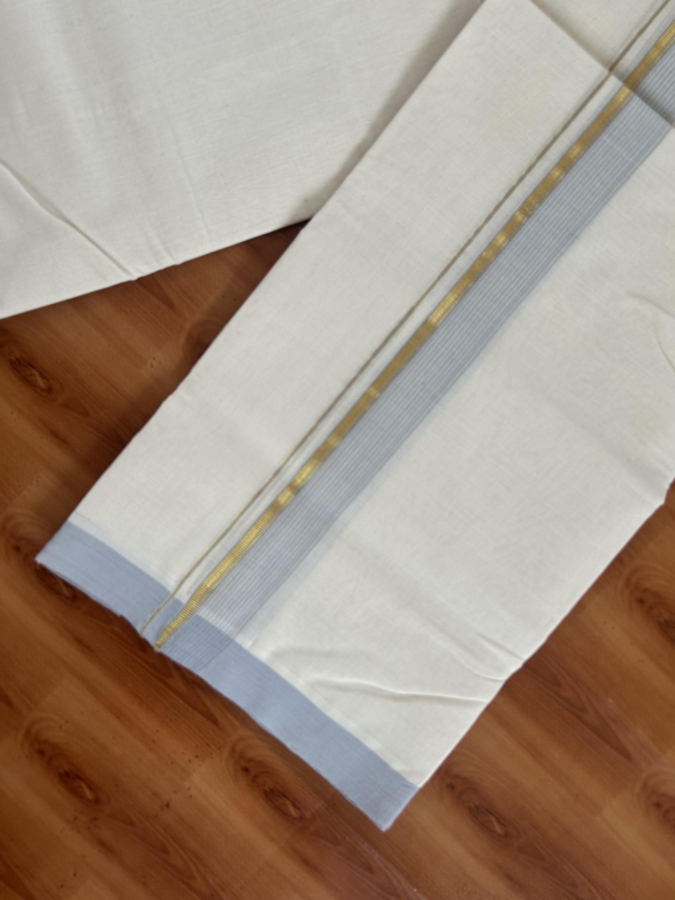 25% Discount! KaithariKada Handloom Millpaav - Kerala Handloom Cotton Double Mundu/Dhoti Off white (Unbleached) - 80x90 - 1.5 inch Gold Kasav & Lavender Grey shaded Stripes Kara 3.60 meter (8 Muzham) - 7 KK5383 RAM