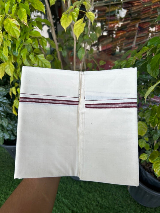 25% Discount!! Signature Kaitharikada Exclusive Single Dhoti - 100% Cotton Balaramapuram Handloom Single Mundu/Dhoti - Off White (Unbleached)- 1 cm Brown Striped Kara (2 meter / 4 muzham) - 7 KK5304KAI
