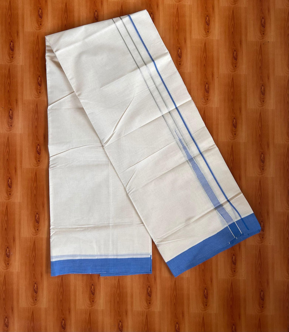 Double Off White (Unbleached) Mundu/Dhoti - 20% Discount! KaithariKada 100% Cotton - 80X90 - 0.75 inch Blue Silver kasav Striped Chutty Kara 4 mtr (8.5 Muzham) - 20 KK5520 PMC