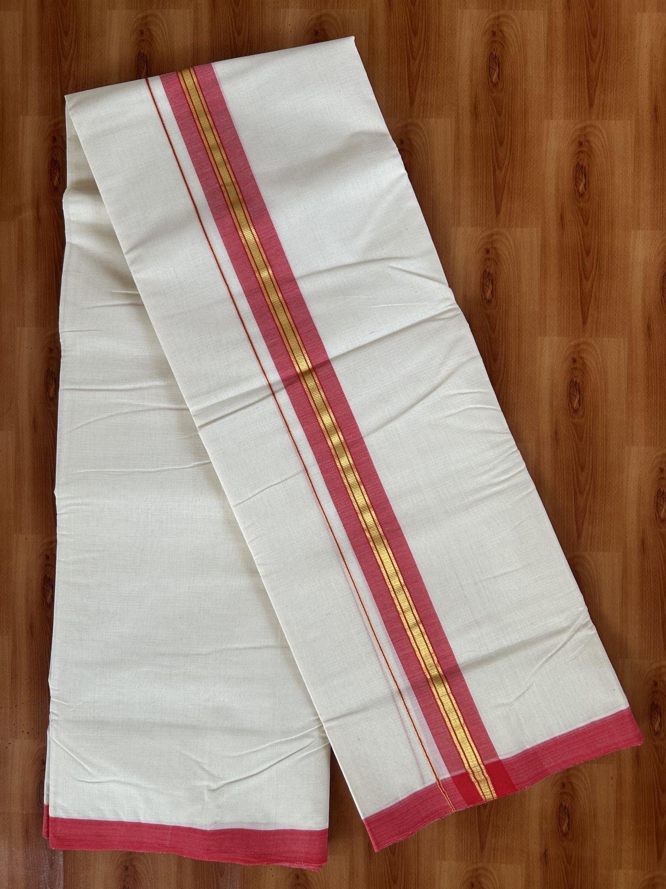 25% Discount! KaithariKada Handloom Millpaav - Kerala Handloom Cotton Double Mundu/Dhoti Off white (Unbleached) - 80x90 - 1.75 inch Gold Kasav & Bright Red shaded Stripes Kara 3.60 meter (8 Muzham) - 8 KK5383 RAM