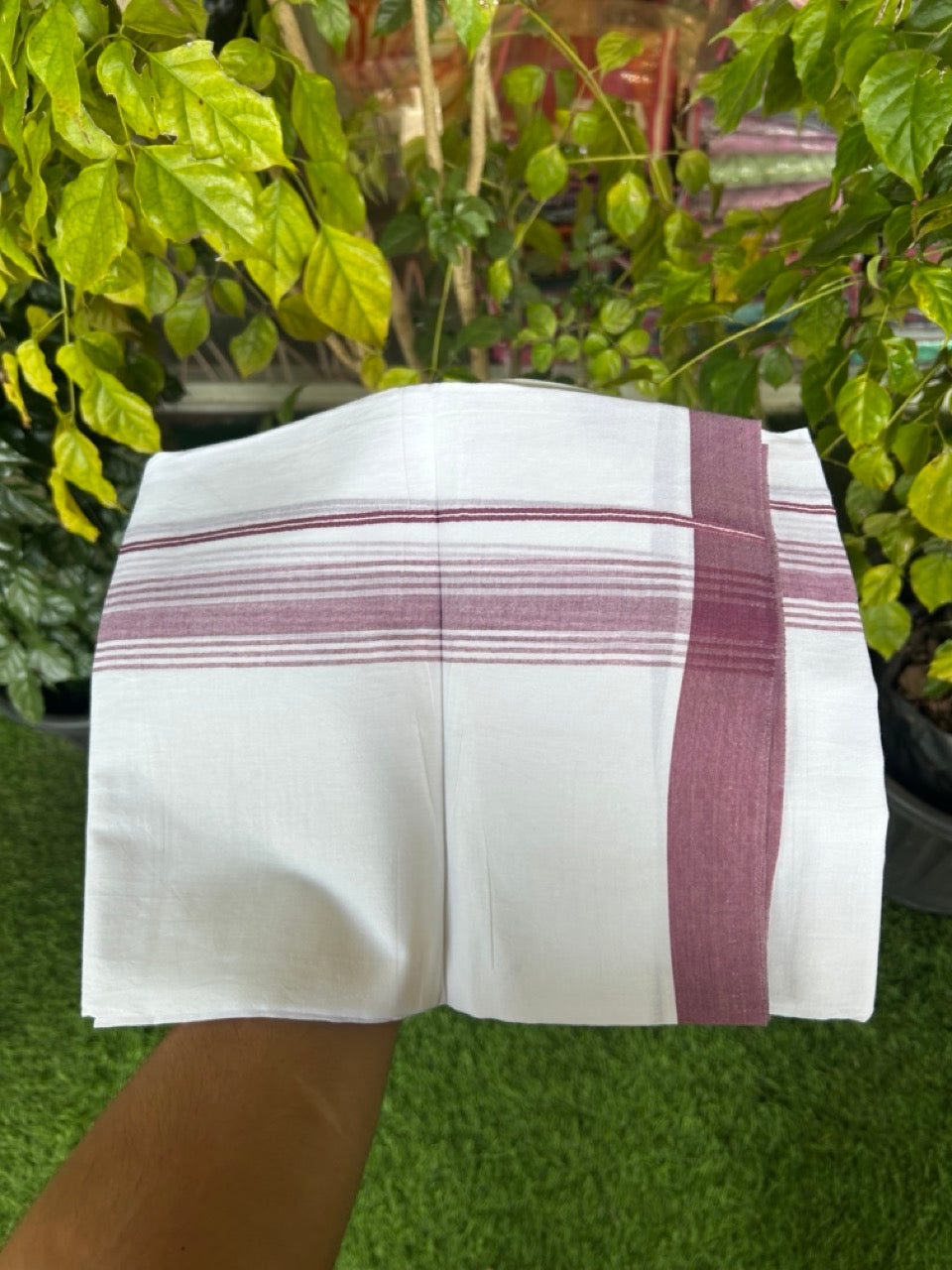22% Discount ! Kaitharikada Balaramapuram 100% Cotton Pure White Double Mundu/Dothi - 60s - 1.5 inch Purple Wine Shaded Striped Kara 3.80 mtr (8 muzham) - 10 KK5306 THI