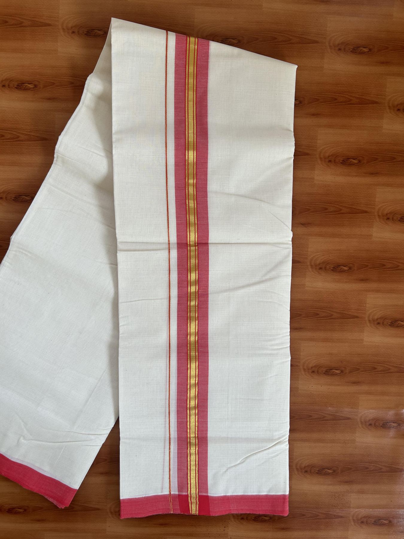 25% Discount! KaithariKada Handloom Millpaav - Kerala Handloom Cotton Double Mundu/Dhoti Off white (Unbleached) - 80x90 - 1.75 inch Gold Kasav & Bright Red shaded Stripes Kara 3.60 meter (8 Muzham) - 8 KK5383 RAM