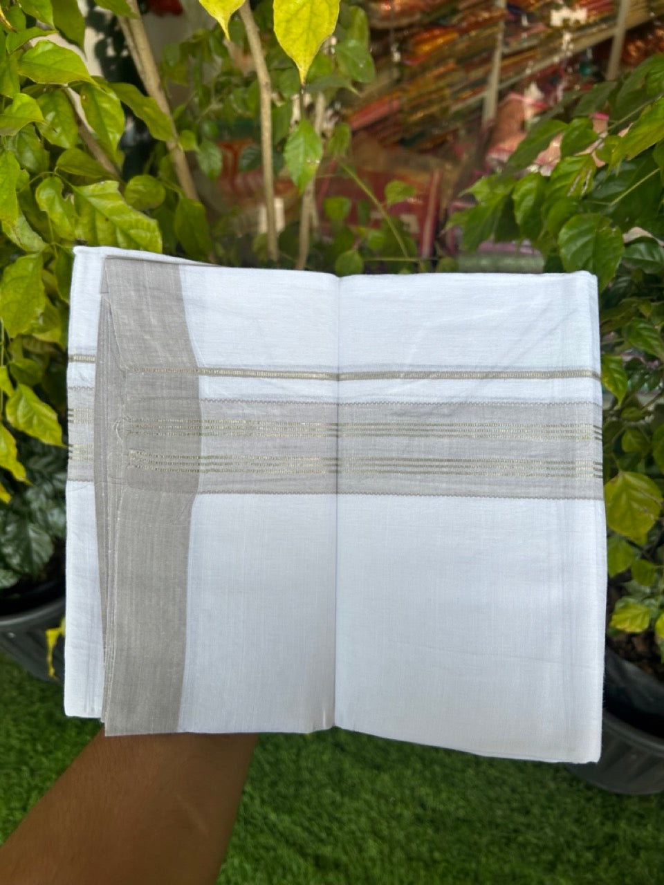 Linen Dhoti New! 20% Discount from Kaitharikada.com - Double Mundu/Dhoti 80x90 Thread Pure White - Pure Cotton + Linen - 1.75 Inch Light Grey & Silver Kasav Striped Kara 4 mtr (8.5 muzham) - 2 KK5306 THI