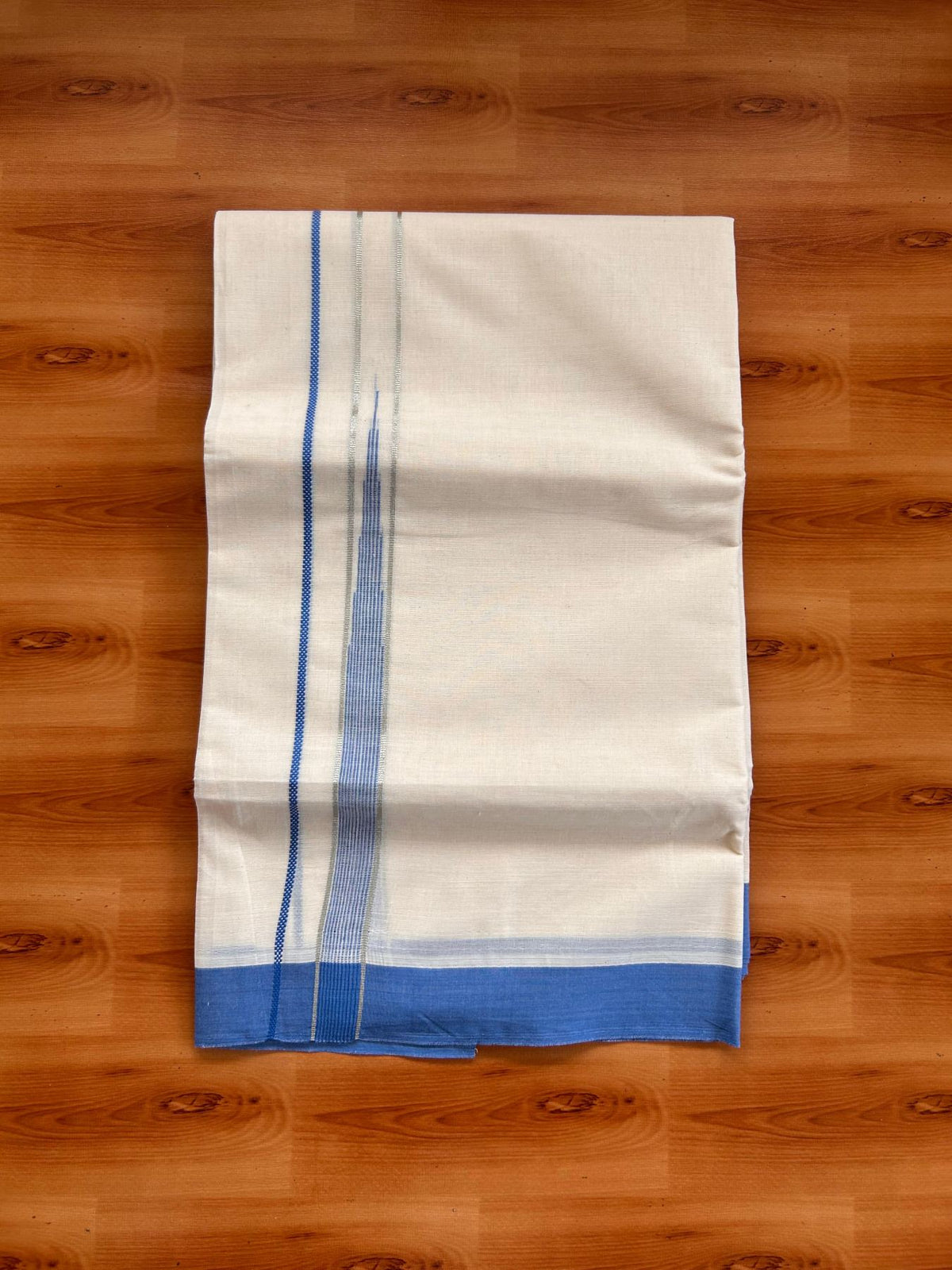 Double Off White (Unbleached) Mundu/Dhoti - 20% Discount! KaithariKada 100% Cotton - 80X90 - 0.75 inch Blue Silver kasav Striped Chutty Kara 4 mtr (8.5 Muzham) - 20 KK5520 PMC