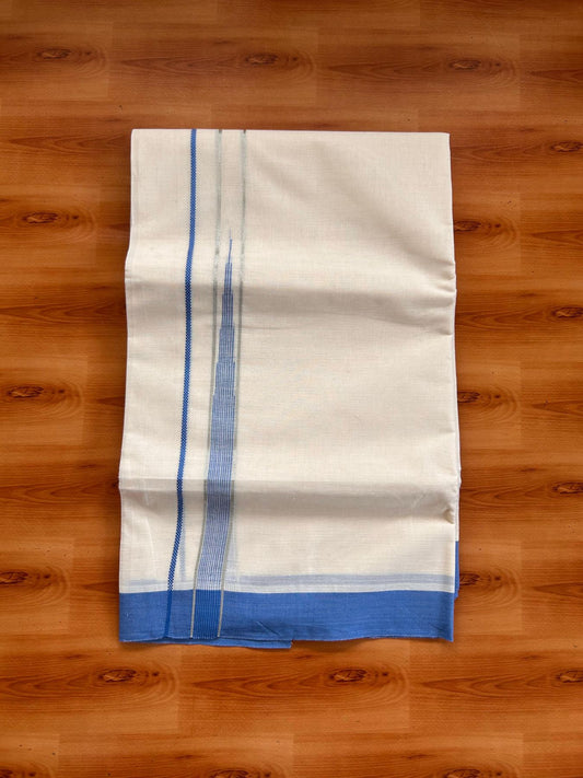 Double Off White (Unbleached) Mundu/Dhoti - 20% Discount! KaithariKada 100% Cotton - 80X90 - 0.75 inch Blue Silver kasav Striped Chutty Kara 4 mtr (8.5 Muzham) - 20 KK5520 PMC
