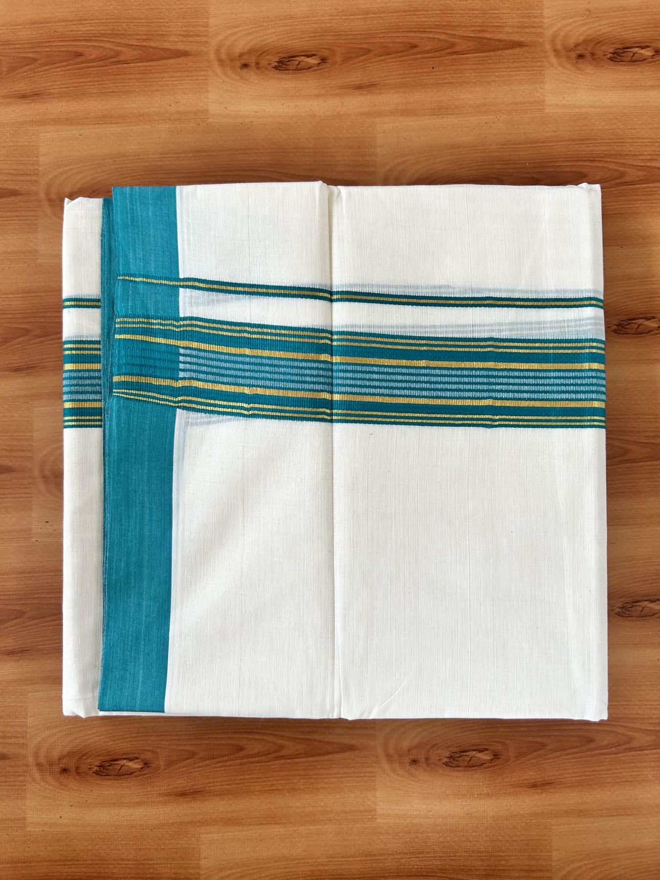 Double Off White (Unbleached) Mundu/Dothi- 20% Discount! Kaitharikada 100% Pure Cotton - 100x80 - 1.5 inch Gold Kasav & Greenish Blue Shaded Striped Kara 4 mtr (8.5 muzham) - 62 KK5452 THI