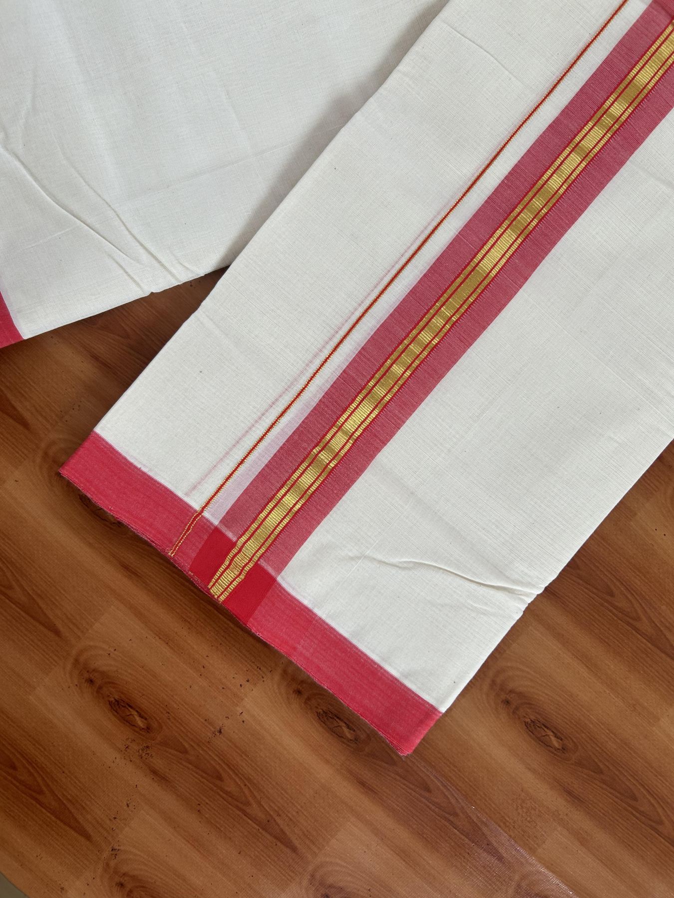 25% Discount! KaithariKada Handloom Millpaav - Kerala Handloom Cotton Double Mundu/Dhoti Off white (Unbleached) - 80x90 - 1.75 inch Gold Kasav & Bright Red shaded Stripes Kara 3.60 meter (8 Muzham) - 8 KK5383 RAM
