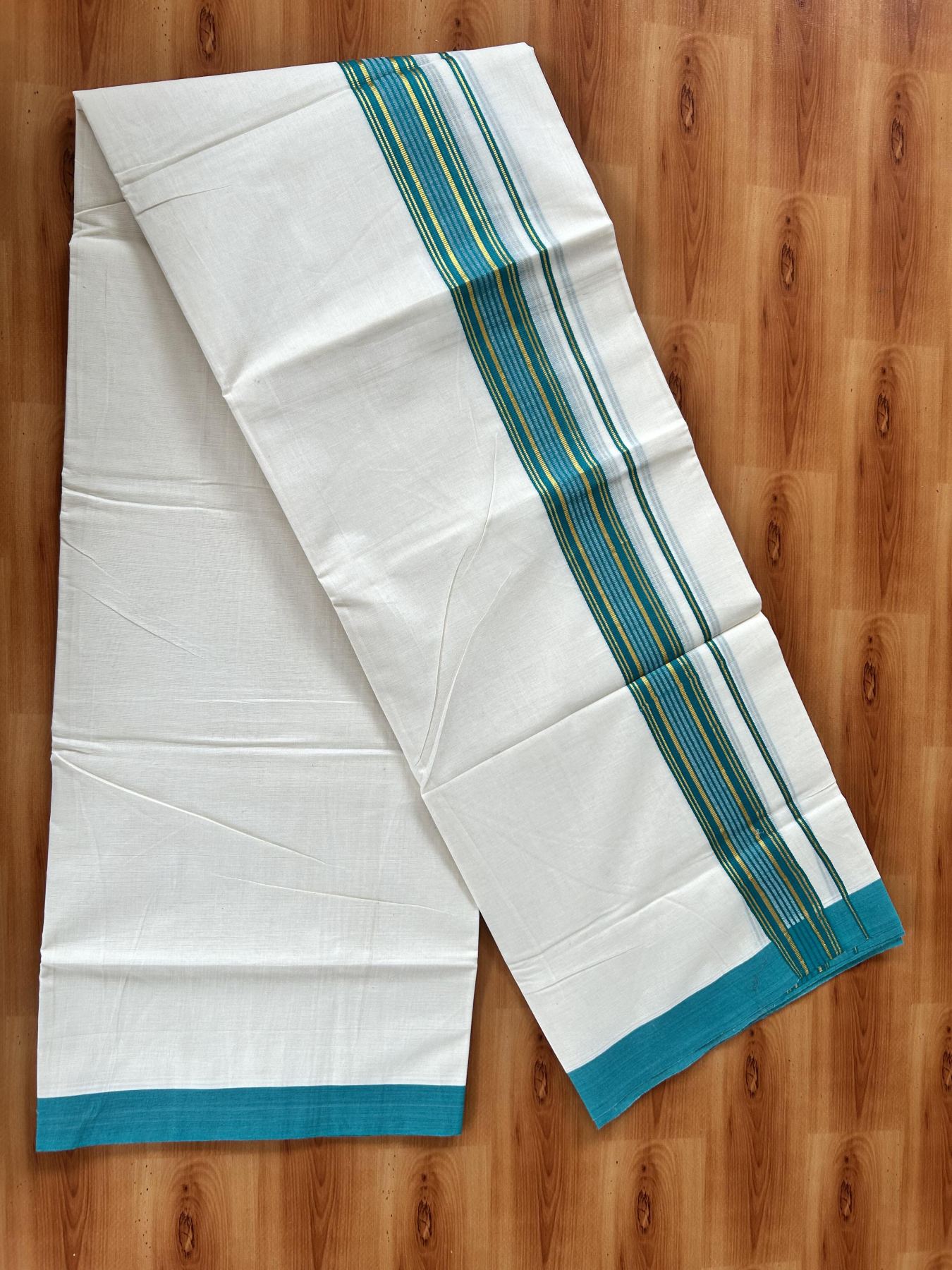 Double Off White (Unbleached) Mundu/Dothi- 20% Discount! Kaitharikada 100% Pure Cotton - 100x80 - 1.5 inch Gold Kasav & Greenish Blue Shaded Striped Kara 4 mtr (8.5 muzham) - 62 KK5452 THI
