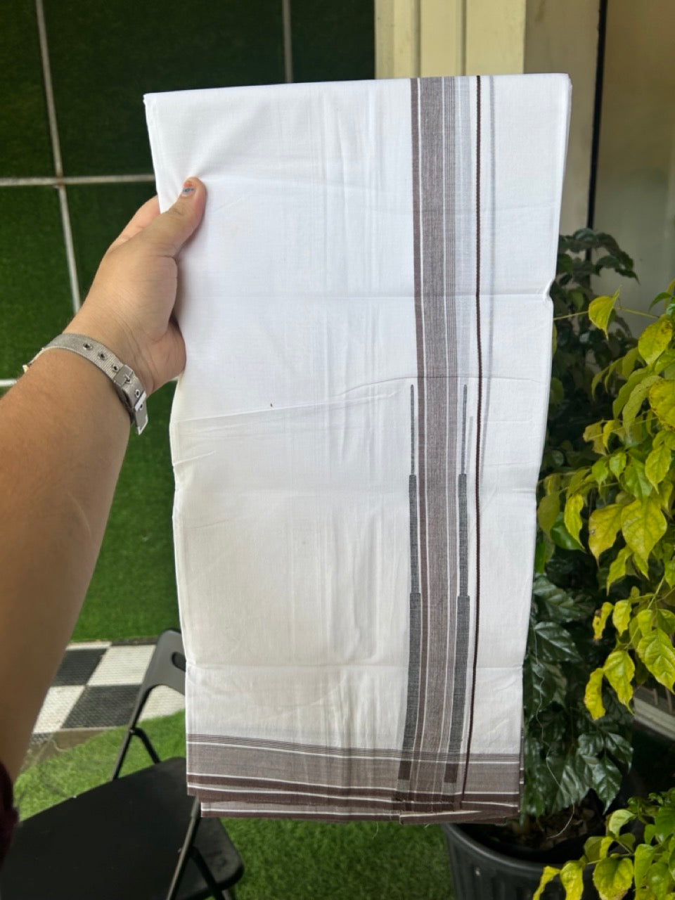 20% DISCOUNT!! Kaitharikada Balaramapuram 100% Cotton Pure White Double Mundu/Dothi-80X90 - 1.75 Inch Brown & Black Striped Chutty Kara 3.70m (8 Muzham) - 3 KK5306 THI