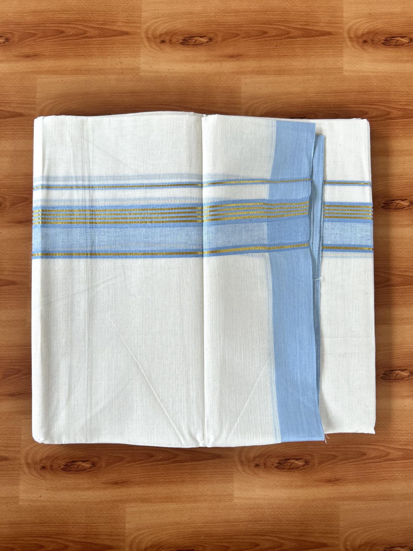 Double Off White (Unbleached) Mundu/Dothi- 20% Discount! Kaitharikada 100% Pure Cotton - 100x80 - 1.5 inch Gold Kasav Stripes & Light Blue Shaded Kara 4 mtr (8.5 muzham) - 58 KK5452 THI