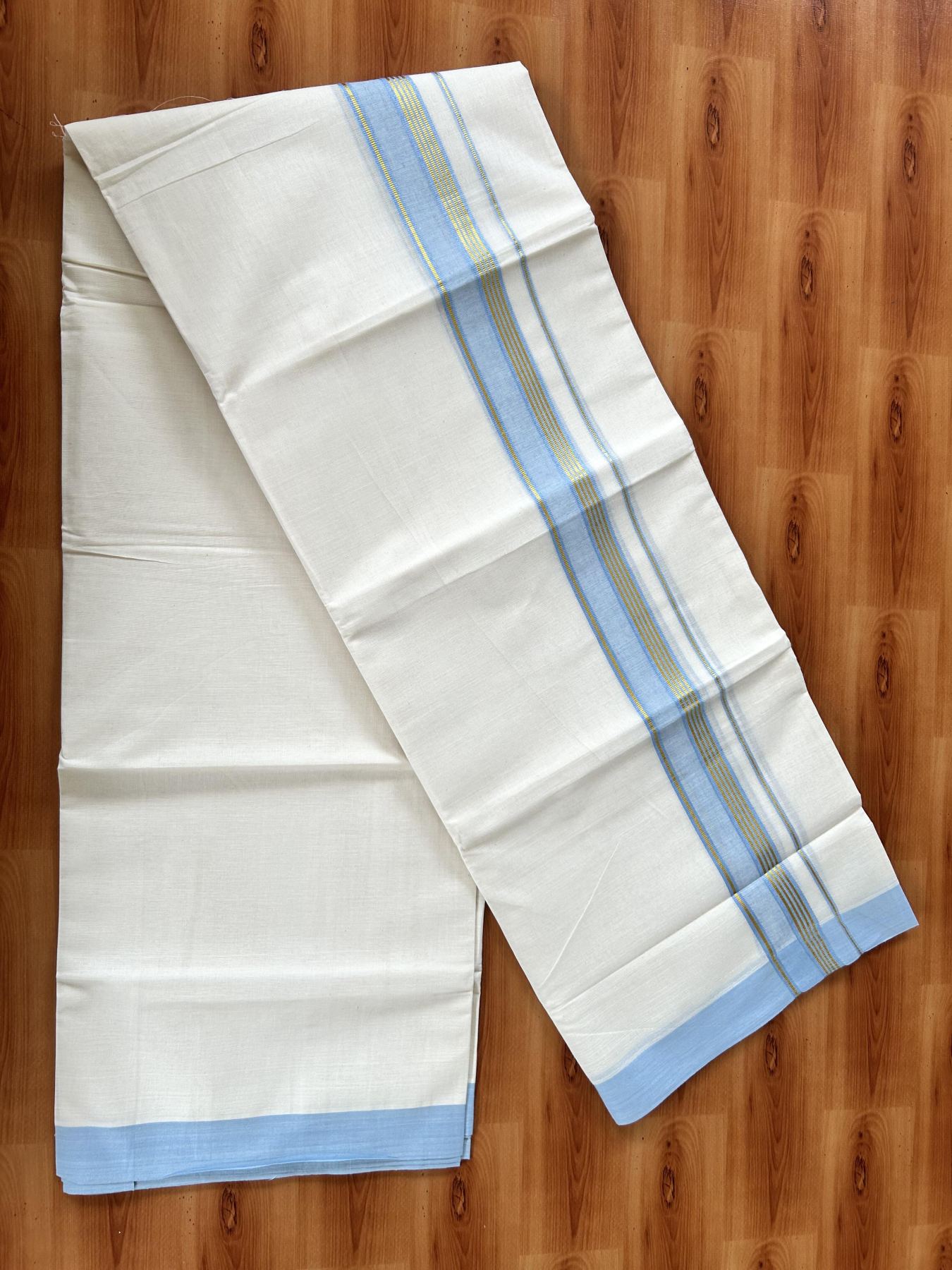 Double Off White (Unbleached) Mundu/Dothi- 20% Discount! Kaitharikada 100% Pure Cotton - 100x80 - 1.5 inch Gold Kasav Stripes & Light Blue Shaded Kara 4 mtr (8.5 muzham) - 58 KK5452 THI