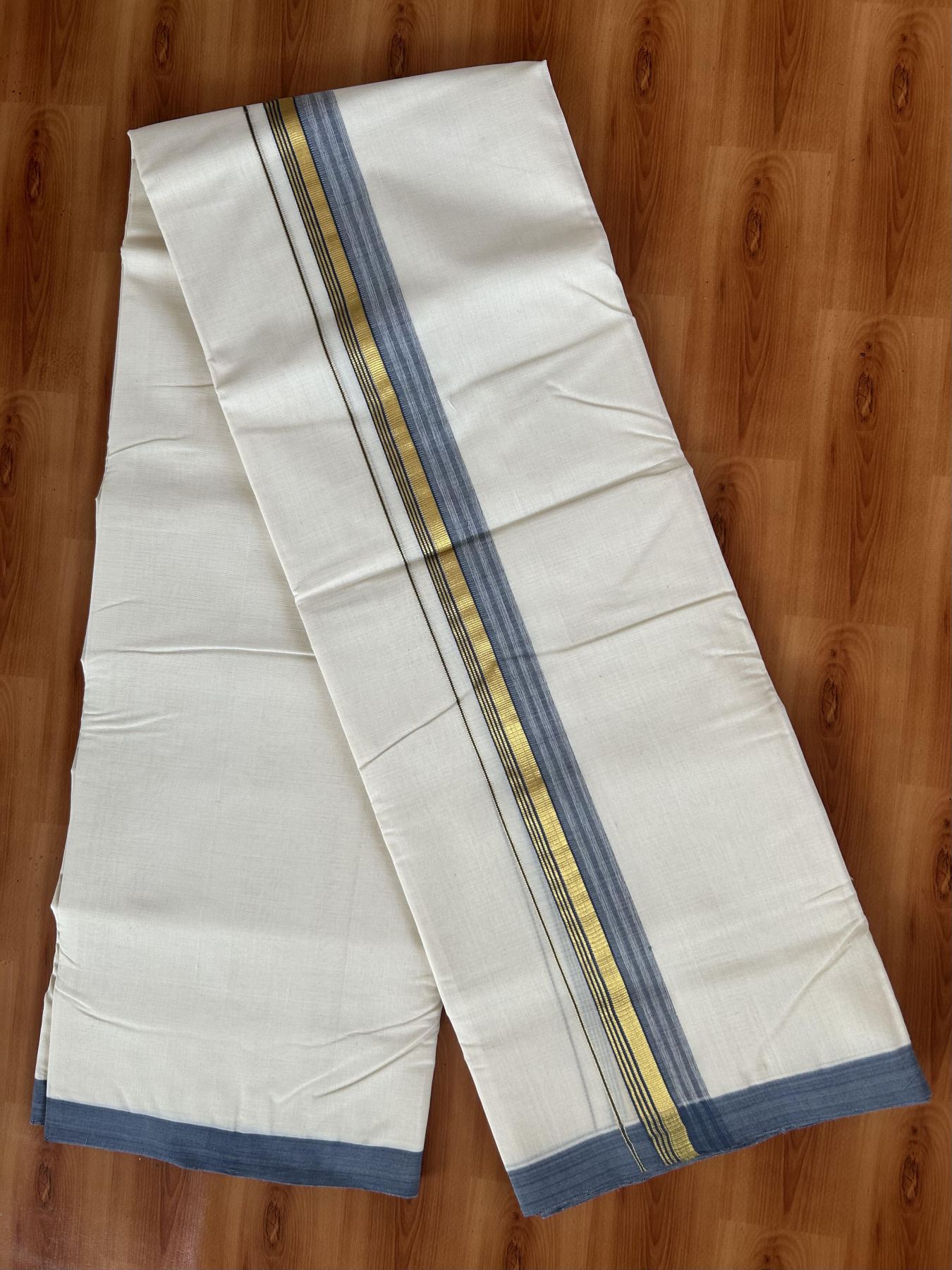 25% Discount! KaithariKada Handloom Millpaav - Kerala Handloom Cotton Double Mundu/Dhoti Off white (Unbleached) - 80x90 - 1.5 inch Gold Kasav & Ash Blue shaded Stripes Kara 3.60 meter (8 Muzham) - 3 KK5383 RAM