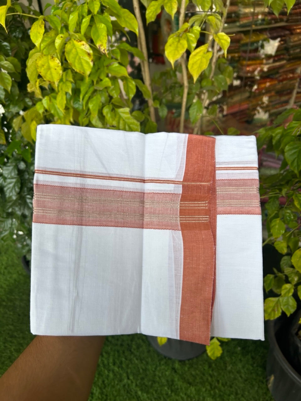 Linen Dhoti New! 20% Discount from Kaitharikada.com - Double Mundu/Dhoti 80x90 Thread Pure White - Pure Cotton + Linen - 1.75 Inch Brick Orange & Silver Kasav Striped Kara 4 mtr (8.5 muzham) - 1 KK5306 THI