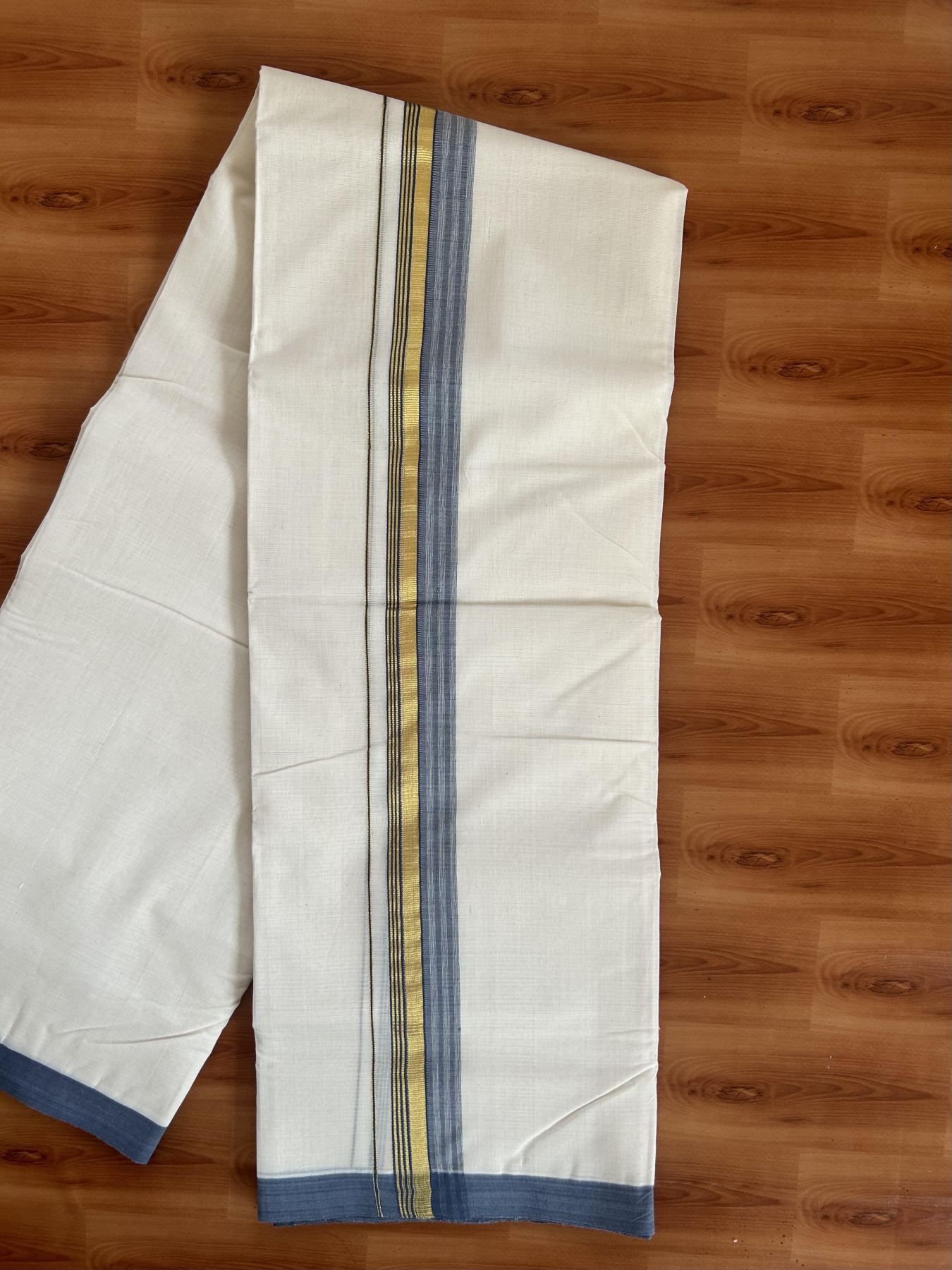 25% Discount! KaithariKada Handloom Millpaav - Kerala Handloom Cotton Double Mundu/Dhoti Off white (Unbleached) - 80x90 - 1.5 inch Gold Kasav & Ash Blue shaded Stripes Kara 3.60 meter (8 Muzham) - 3 KK5383 RAM