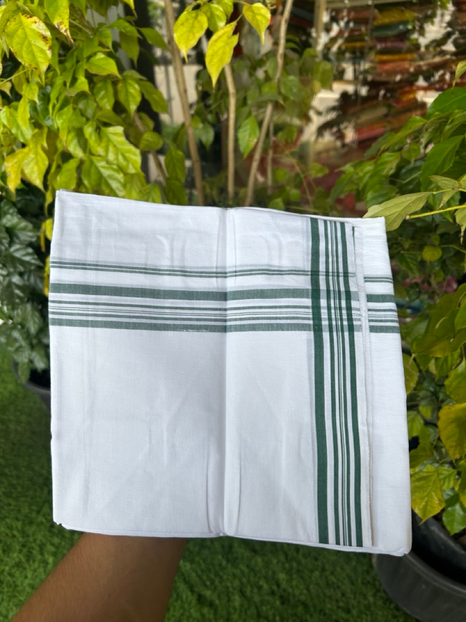 20% Discount ! Kaitharikada Balaramapuram 100% Cotton Pure White Double Mundu/Dothi - 100x80 - 1.25 inch Green Shaded Striped Kara 3.90 mtr (8 muzham) - 9 KK5306 THI