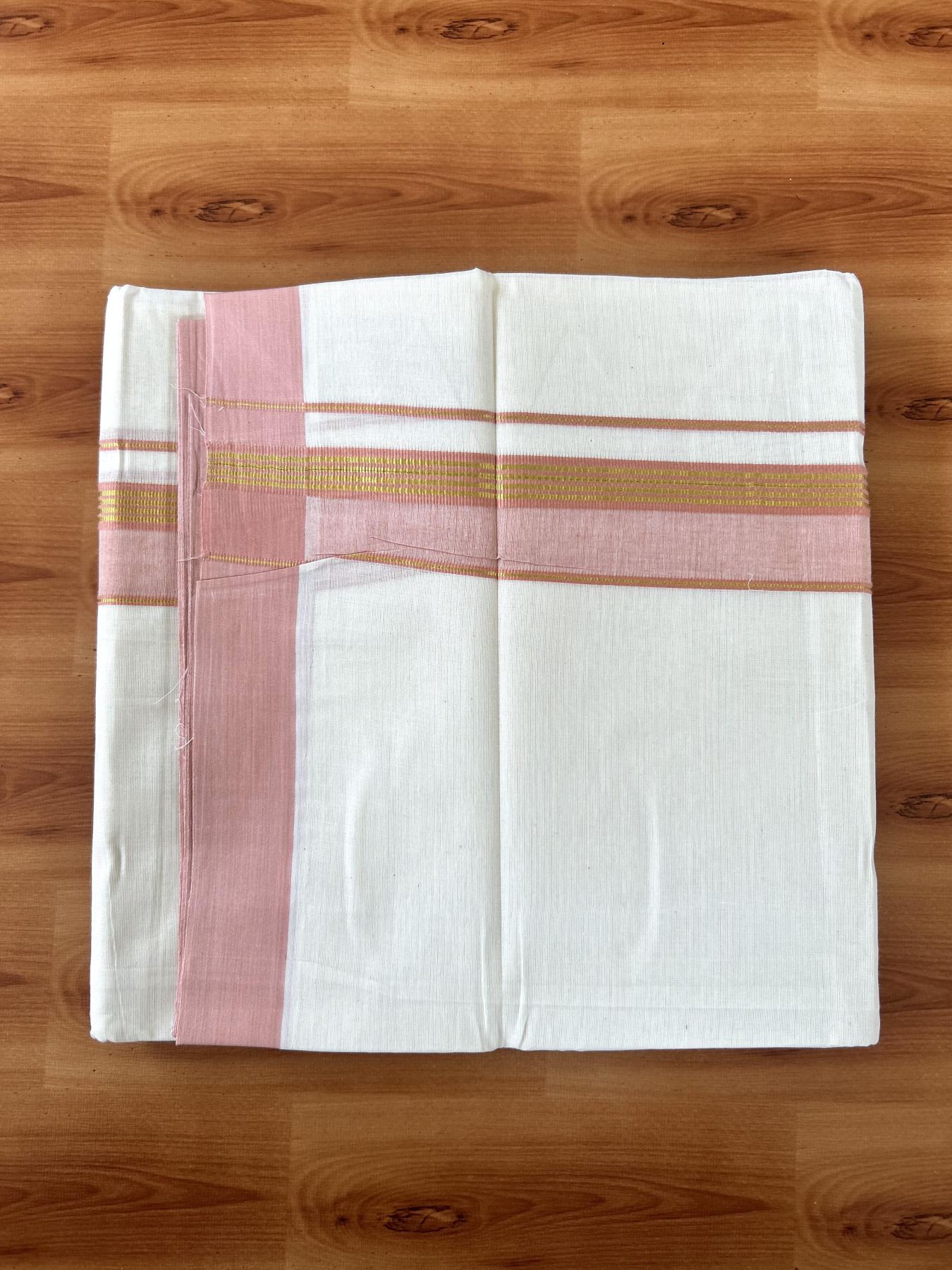 Double Off White (Unbleached) Mundu/Dothi- 20% Discount! Kaitharikada 100% Pure Cotton - 100x80 - 1.5 inch Gold Kasav Stripes & Peach Pink Shaded Kara 4 mtr (8.5 muzham) - 54 KK5452 THI
