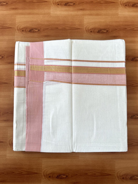 Double Off White (Unbleached) Mundu/Dothi- 20% Discount! Kaitharikada 100% Pure Cotton - 100x80 - 1.5 inch Gold Kasav Stripes & Peach Pink Shaded Kara 4 mtr (8.5 muzham) - 54 KK5452 THI
