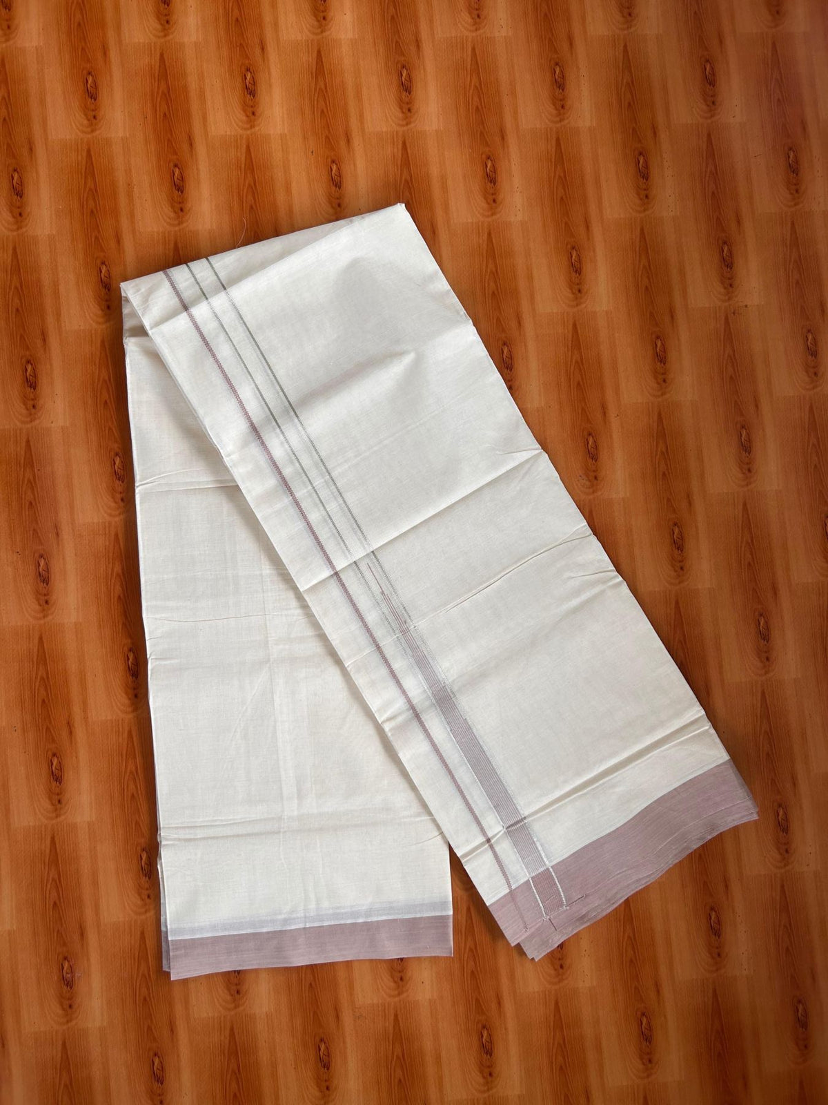 Double Off White (Unbleached) Mundu/Dhoti - 20% Discount! KaithariKada 100% Cotton - 80X90 - 0.75 inch Rose Beige Silver kasav Striped Chutty Kara 4 mtr (8.5 Muzham) - 21 KK5520 PMC