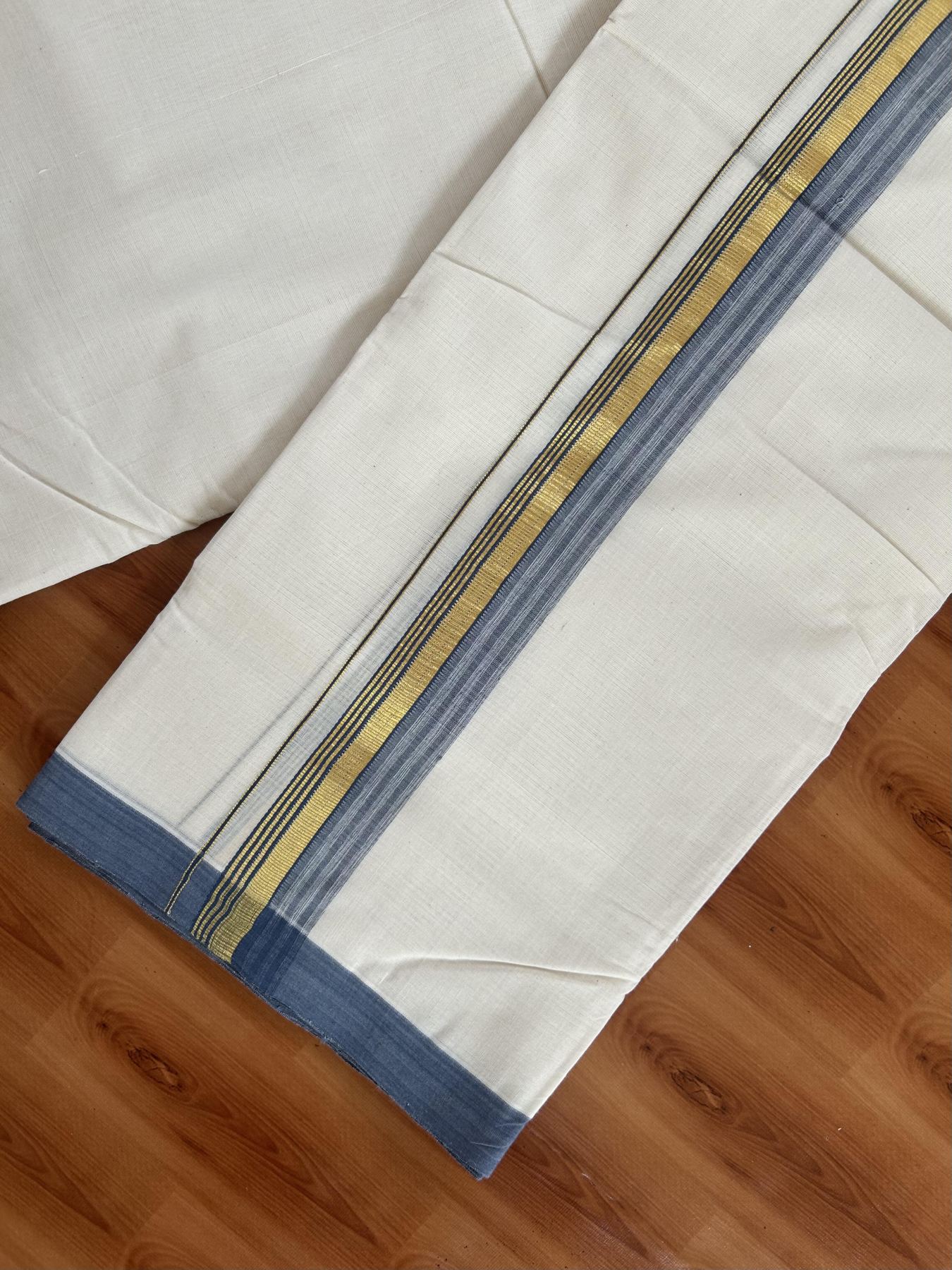 25% Discount! KaithariKada Handloom Millpaav - Kerala Handloom Cotton Double Mundu/Dhoti Off white (Unbleached) - 80x90 - 1.5 inch Gold Kasav & Ash Blue shaded Stripes Kara 3.60 meter (8 Muzham) - 3 KK5383 RAM