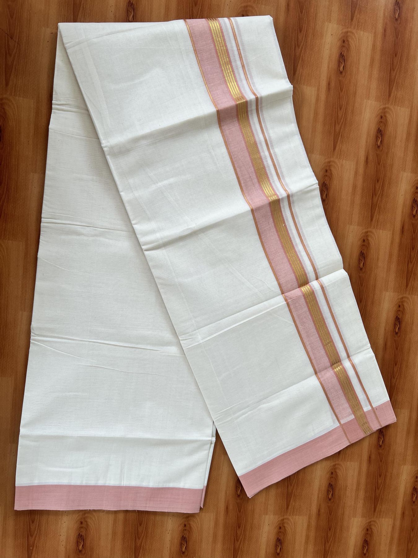 Double Off White (Unbleached) Mundu/Dothi- 20% Discount! Kaitharikada 100% Pure Cotton - 100x80 - 1.5 inch Gold Kasav Stripes & Peach Pink Shaded Kara 4 mtr (8.5 muzham) - 54 KK5452 THI
