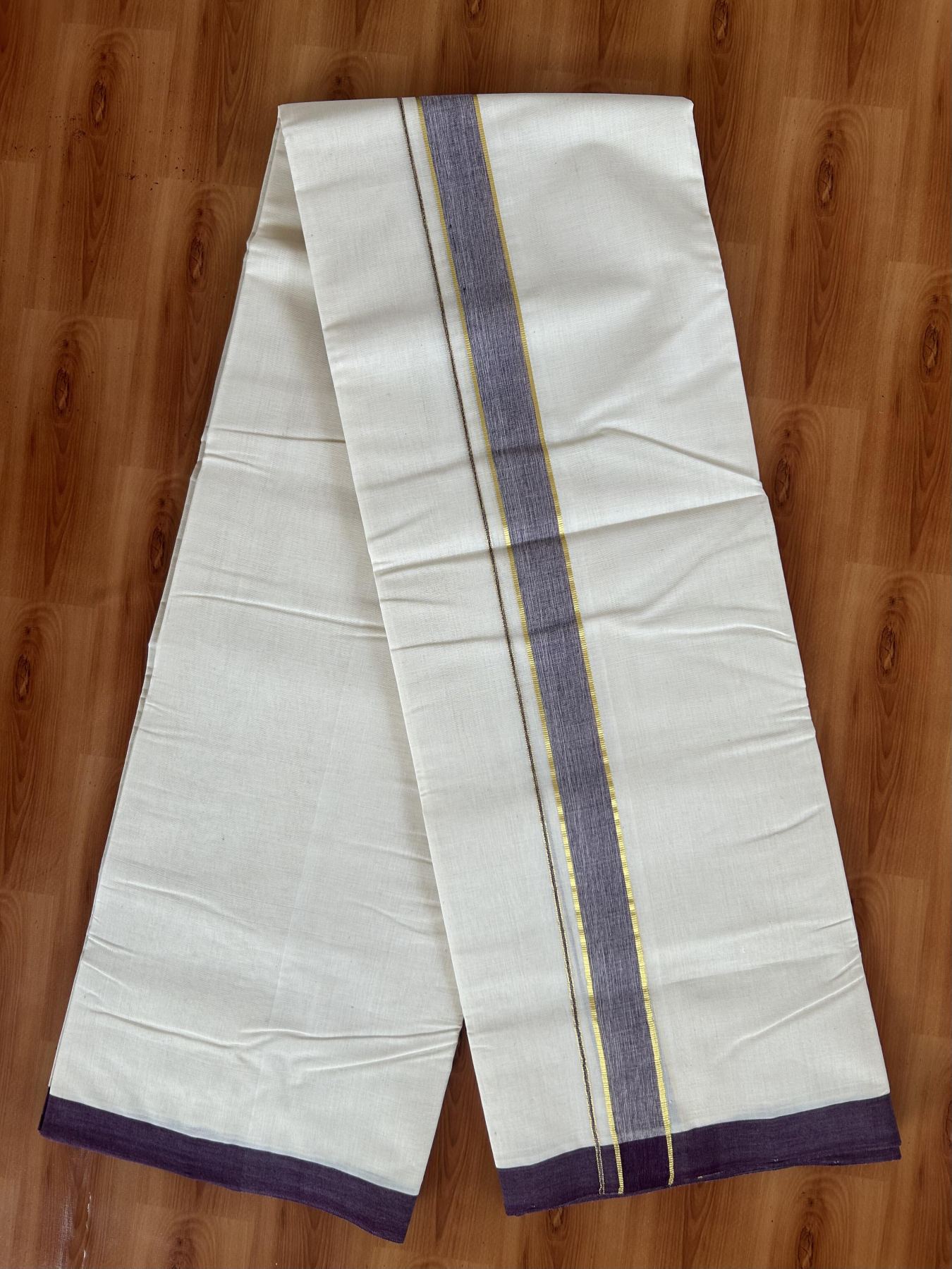 25% Discount! KaithariKada Handloom Millpaav - Kerala Handloom Cotton Double Mundu/Dhoti Off white (Unbleached) - 80x90 - 1.25 inch Gold Kasav & Wine Shaded Kara 3.60 meter (8 Muzham) - 10 KK5383 RAM