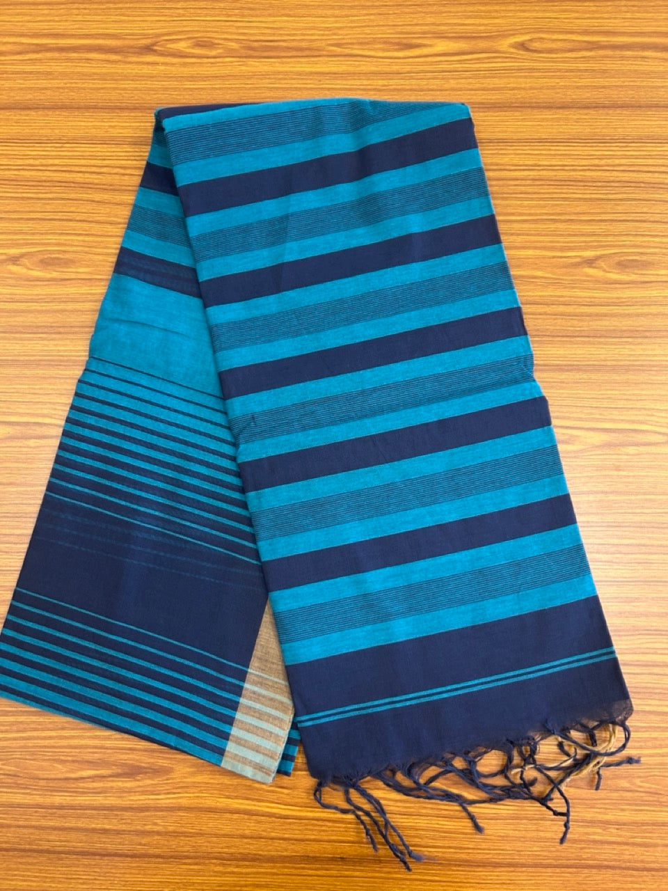 KaithariKada- Balaramapuram  Saree - 100% PURE Cotton - Navy Blue & Peacock Blue Striped Design - 1KK1008RJT