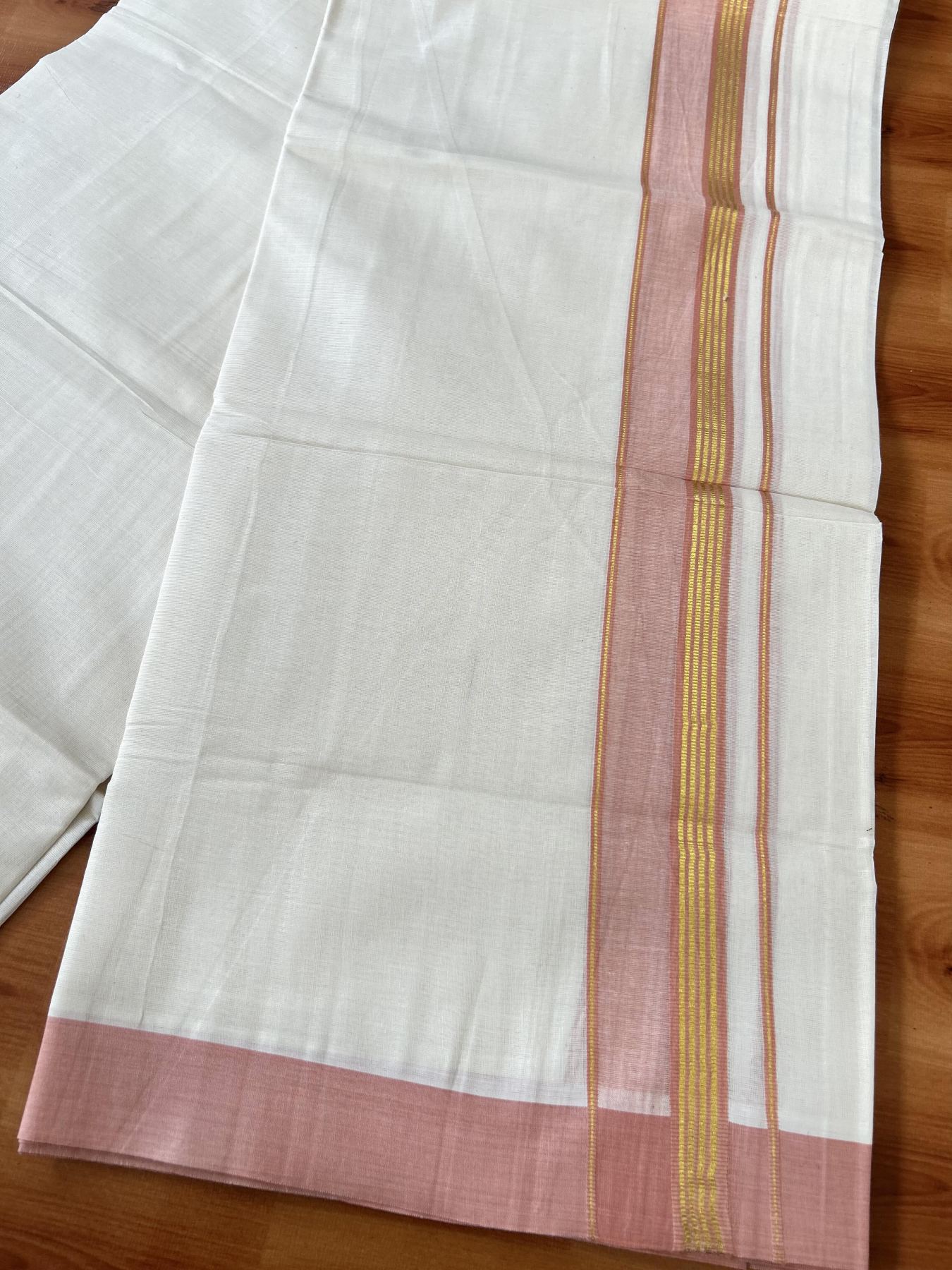 Double Off White (Unbleached) Mundu/Dothi- 20% Discount! Kaitharikada 100% Pure Cotton - 100x80 - 1.5 inch Gold Kasav Stripes & Peach Pink Shaded Kara 4 mtr (8.5 muzham) - 54 KK5452 THI