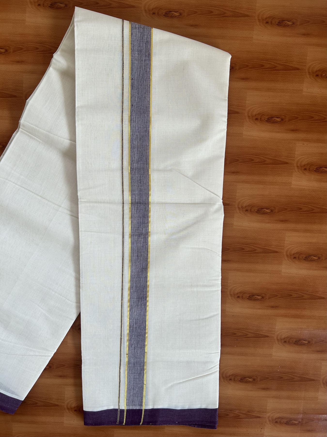 25% Discount! KaithariKada Handloom Millpaav - Kerala Handloom Cotton Double Mundu/Dhoti Off white (Unbleached) - 80x90 - 1.25 inch Gold Kasav & Wine Shaded Kara 3.60 meter (8 Muzham) - 10 KK5383 RAM
