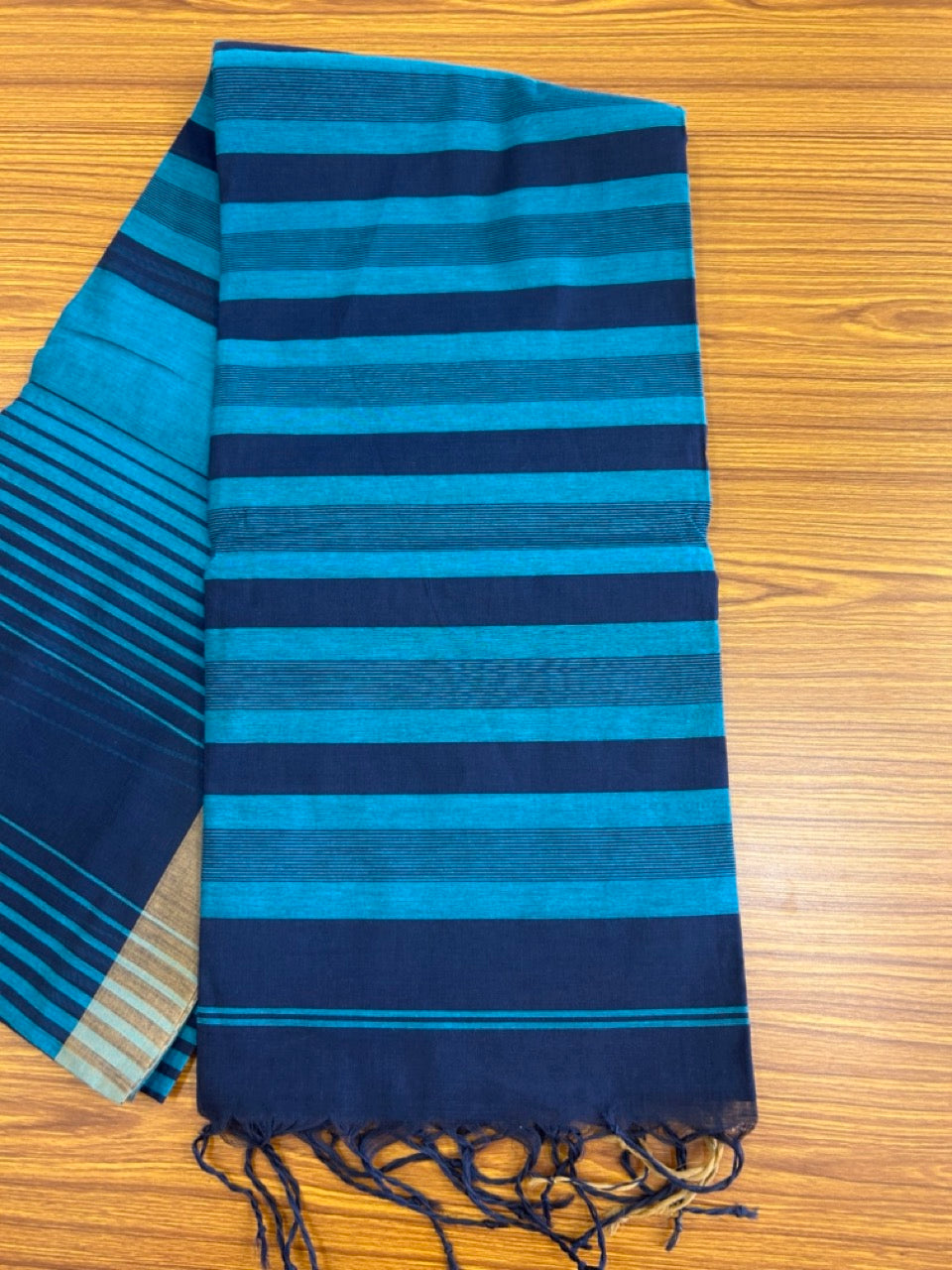 KaithariKada- Balaramapuram  Saree - 100% PURE Cotton - Navy Blue & Peacock Blue Striped Design - 1KK1008RJT
