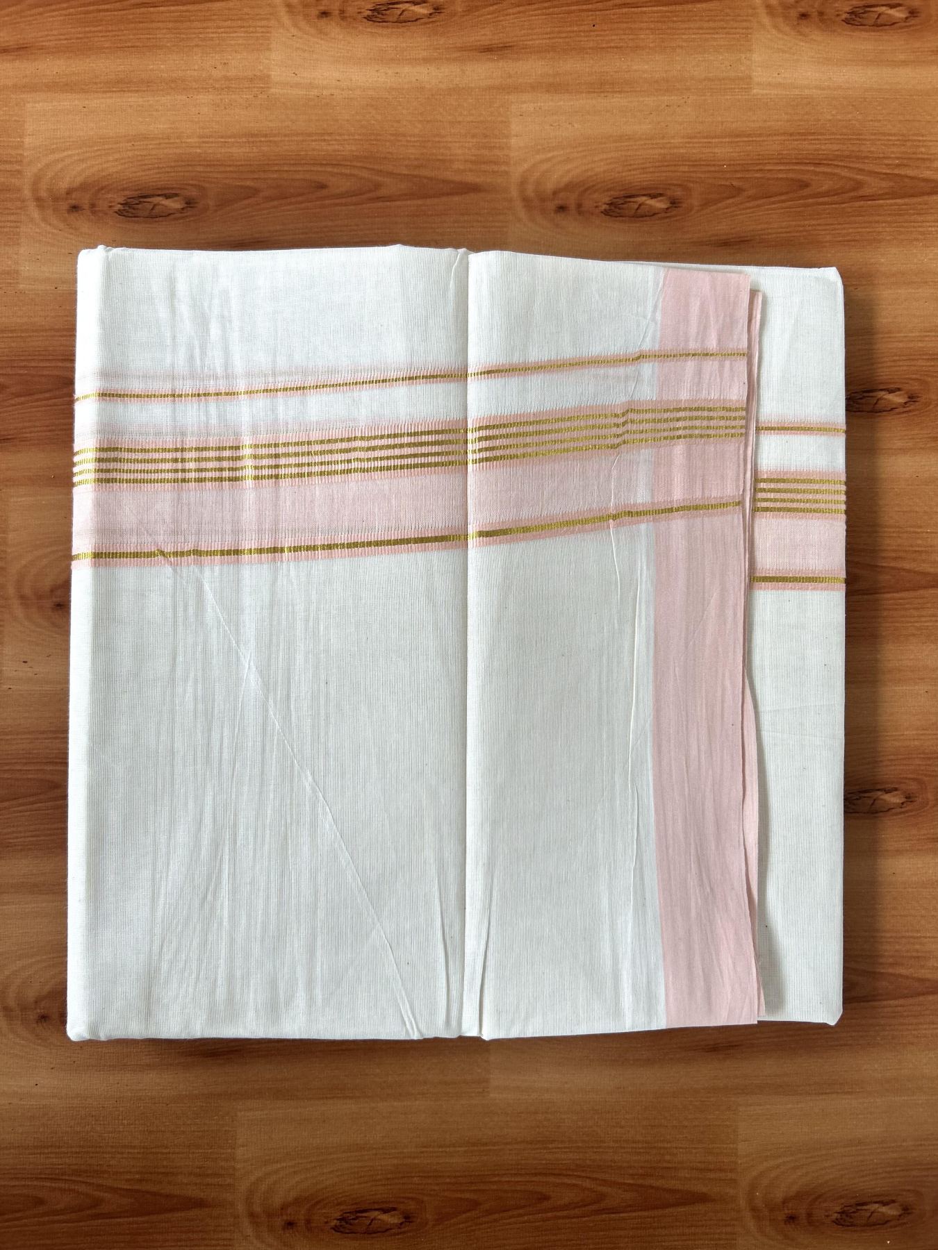 Double Off White (Unbleached) Mundu/Dothi- 20% Discount! Kaitharikada 100% Pure Cotton - 100x80 - 1.5 inch Gold Kasav Stripes & Light Peach Shaded Kara 4 mtr (8.5 muzham) - 53 KK5452 THI