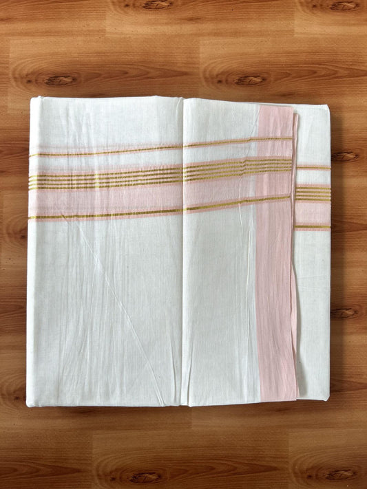 Double Off White (Unbleached) Mundu/Dothi- 20% Discount! Kaitharikada 100% Pure Cotton - 100x80 - 1.5 inch Gold Kasav Stripes & Light Peach Shaded Kara 4 mtr (8.5 muzham) - 53 KK5452 THI
