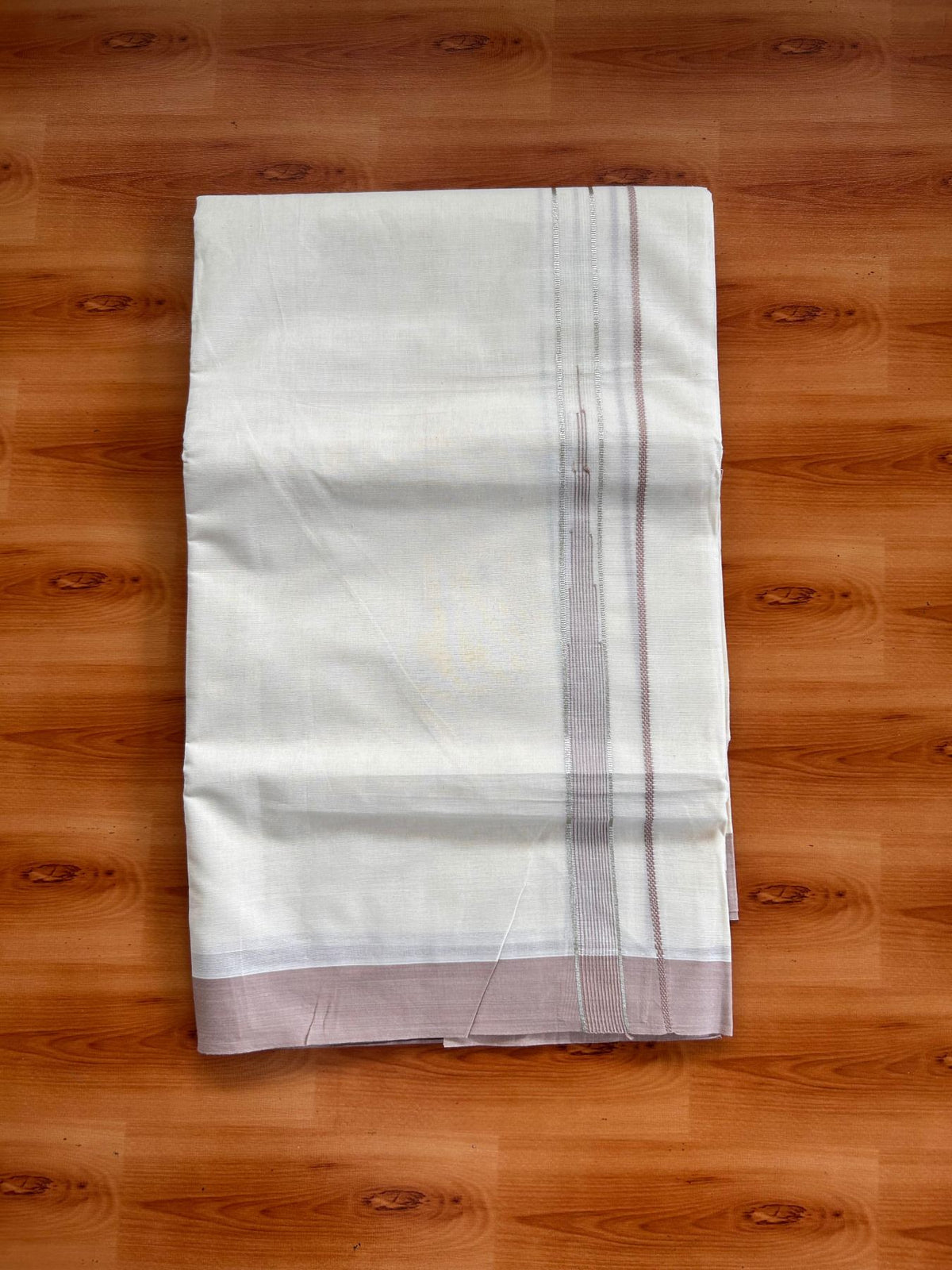 Double Off White (Unbleached) Mundu/Dhoti - 20% Discount! KaithariKada 100% Cotton - 80X90 - 0.75 inch Rose Beige Silver kasav Striped Chutty Kara 4 mtr (8.5 Muzham) - 21 KK5520 PMC