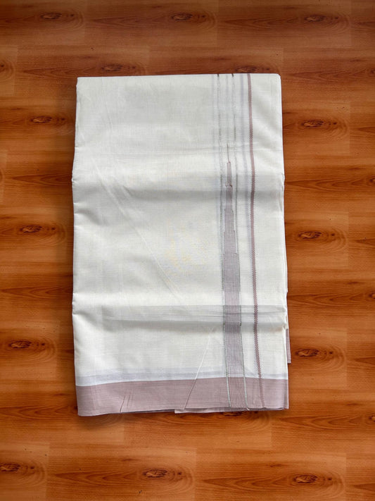 Double Off White (Unbleached) Mundu/Dhoti - 20% Discount! KaithariKada 100% Cotton - 80X90 - 0.75 inch Rose Beige Silver kasav Striped Chutty Kara 4 mtr (8.5 Muzham) - 21 KK5520 PMC